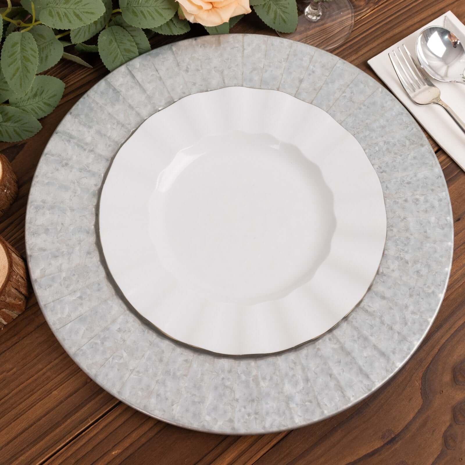 4-Pack Metal Round Charger Plates 13" in Silver with Galvanized Ruffled Rim, Contemporary Charger Tableware