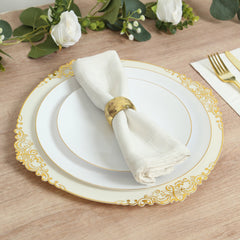 20-Pack Economy Plastic Round Charger Plates 13" in Ivory with Gold Embossed Baroque Rim, Stylish Dinner Party Serving Plates