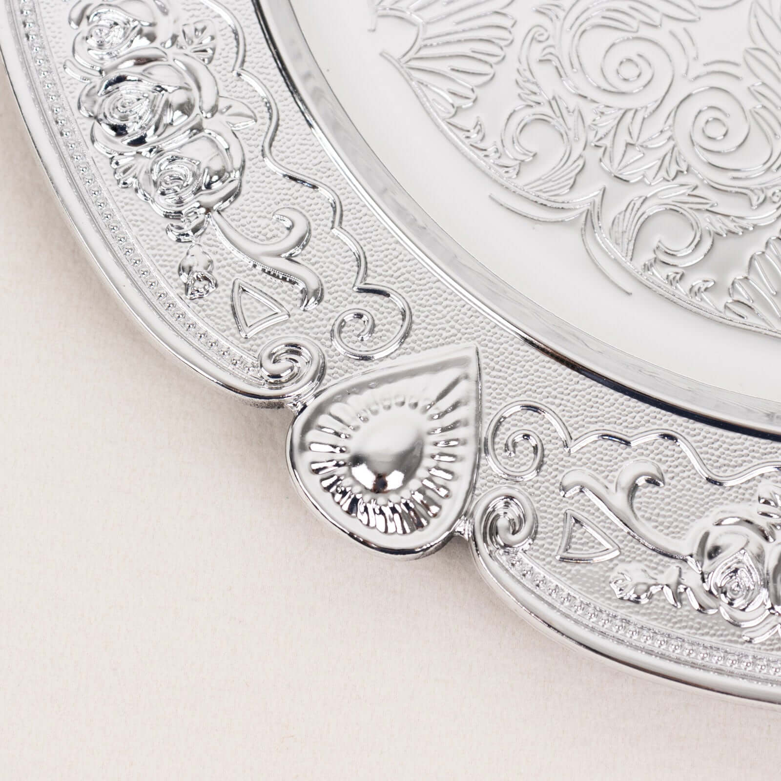 6-Pack Acrylic Round Charger Plates 13" in Silver Floral Embossed with Scalloped Rim, Plastic Decorative Charger Tableware