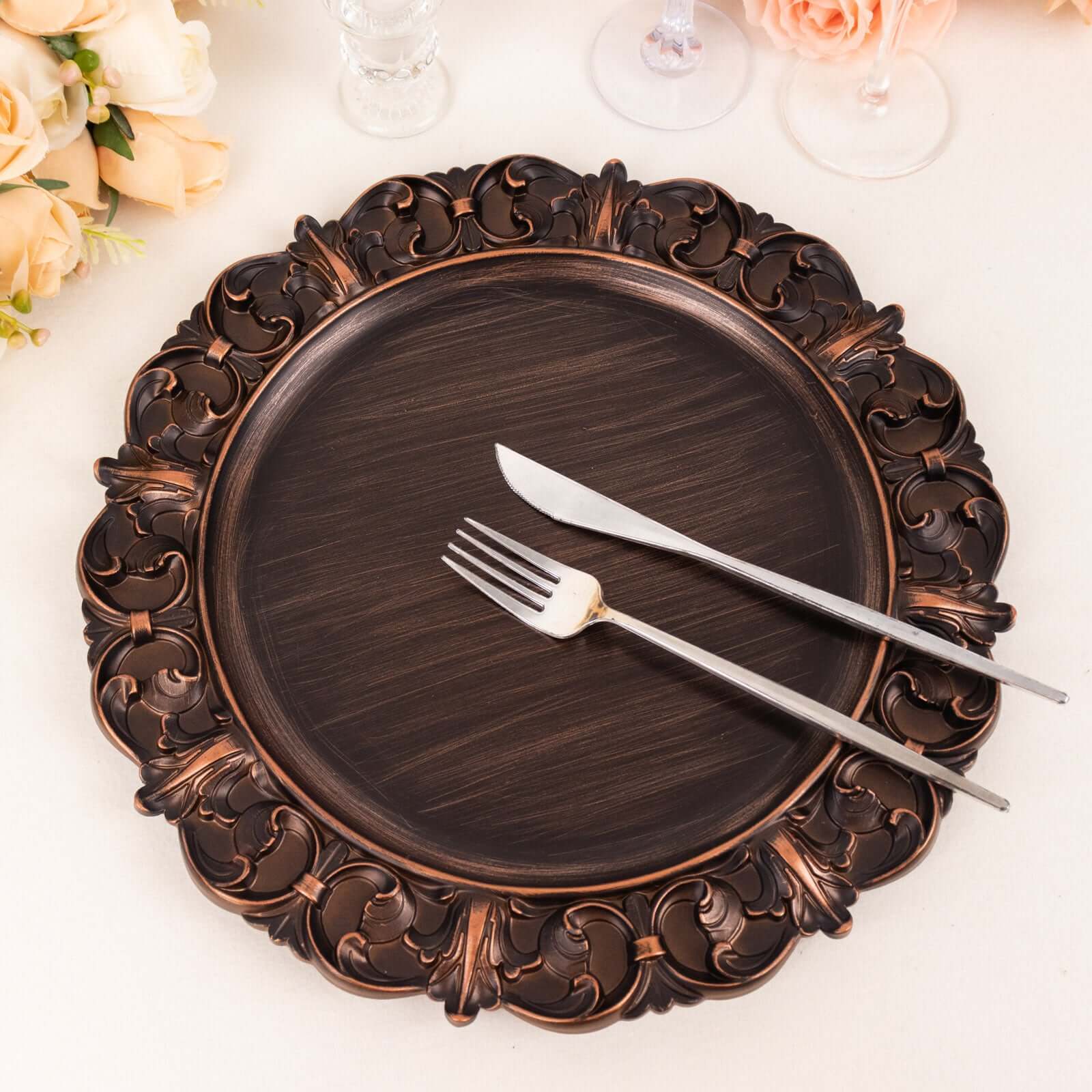 6-Pack Acrylic Round Charger Plates 13" in Dark Brown with Aristocrat Retro Baroque Rim, Ornate Plastic Decorative Chargers
