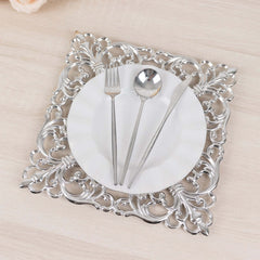 6-Pack Acrylic Square Charger Plates 12" in Silver with Hollow Lace Border, Event Tabletop Decorative Charger Tableware