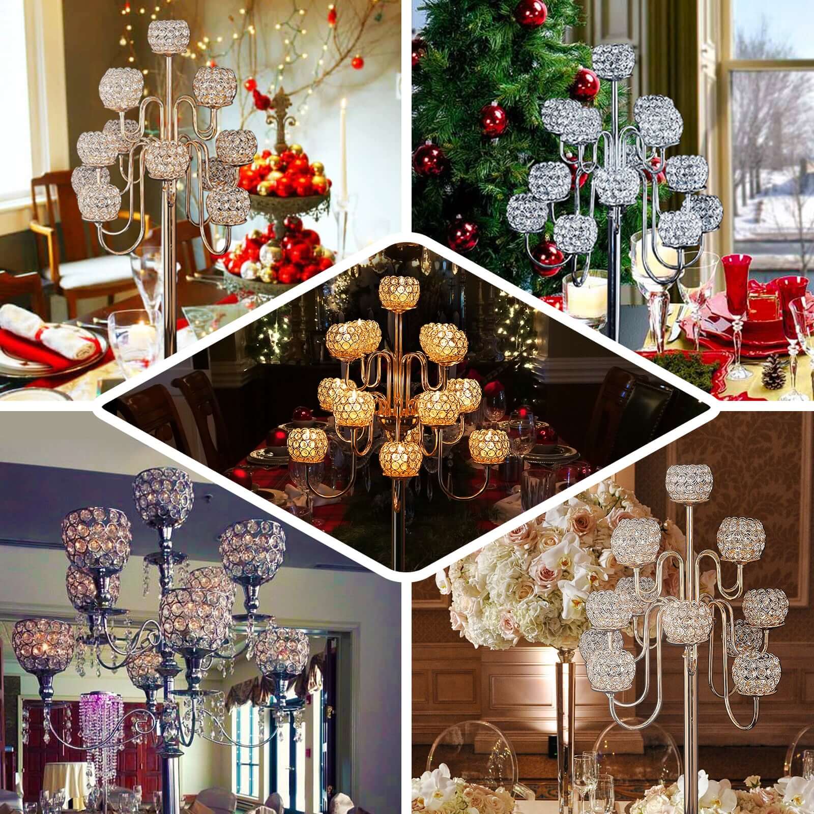 Metal Crystal Beaded Candelabra Silver 13 Arm Design - Table Centerpiece for Events 40"