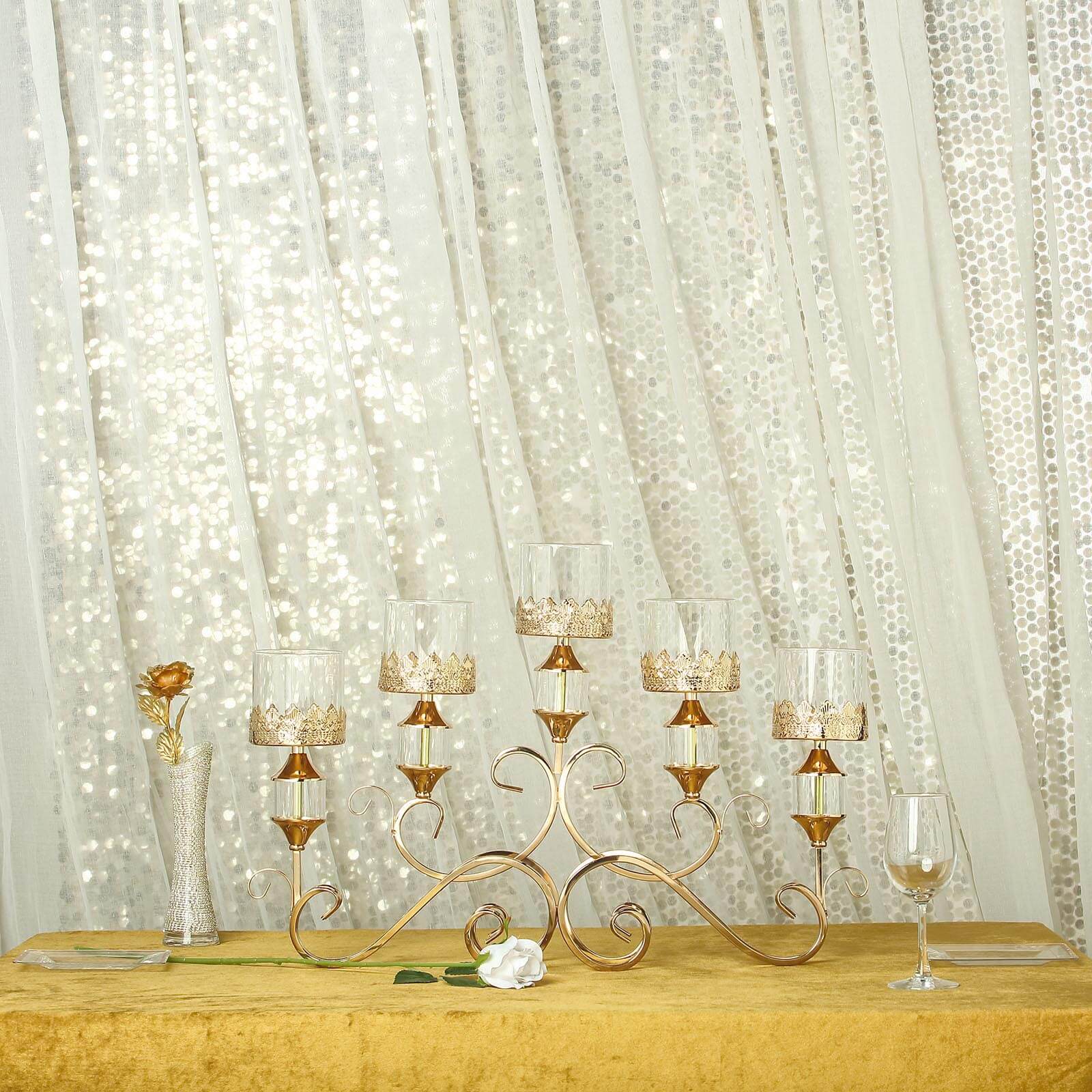 5-Arm Metal Table Candelabra Antique Gold Crown Top Design - Stylish Horizontal Table Centerpiece with Glass Votive Holders 18"