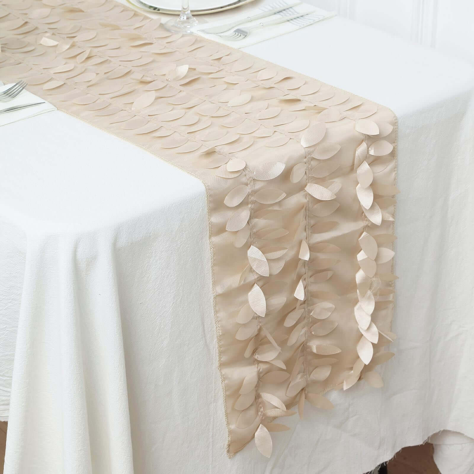 Taffeta Fabric 12"x108" Table Runner Beige - 3D Leaf Petal Design