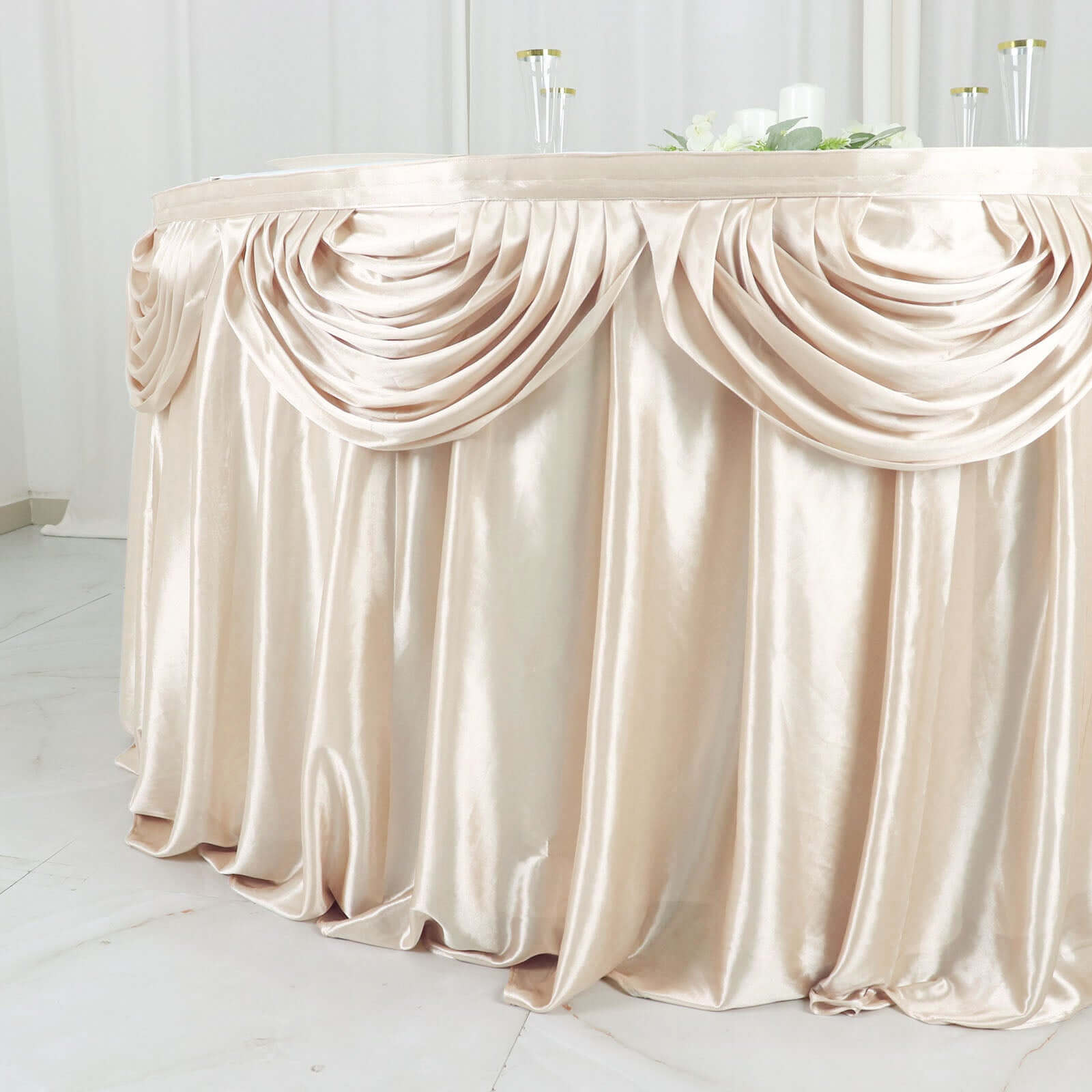 Satin 14ft Table Skirt Beige - Pleated Double Drape Table Cover