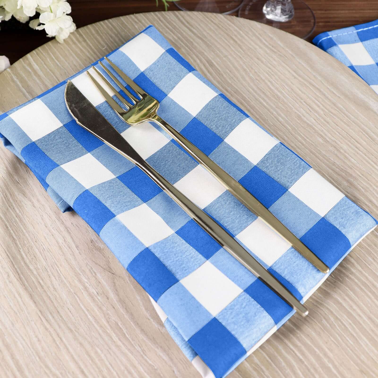 5 Pack Polyester 15"x15" Napkins Blue/White Buffalo Plaid Gingham Style Cloth Napkins