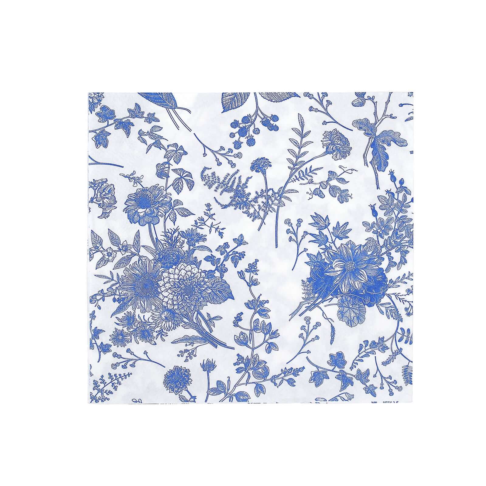 20-Pack Paper Cocktail Napkins with French Toile Print White/Blue - Disposable 2 Ply Beverage Napkins for Events 6.5"x6.5"