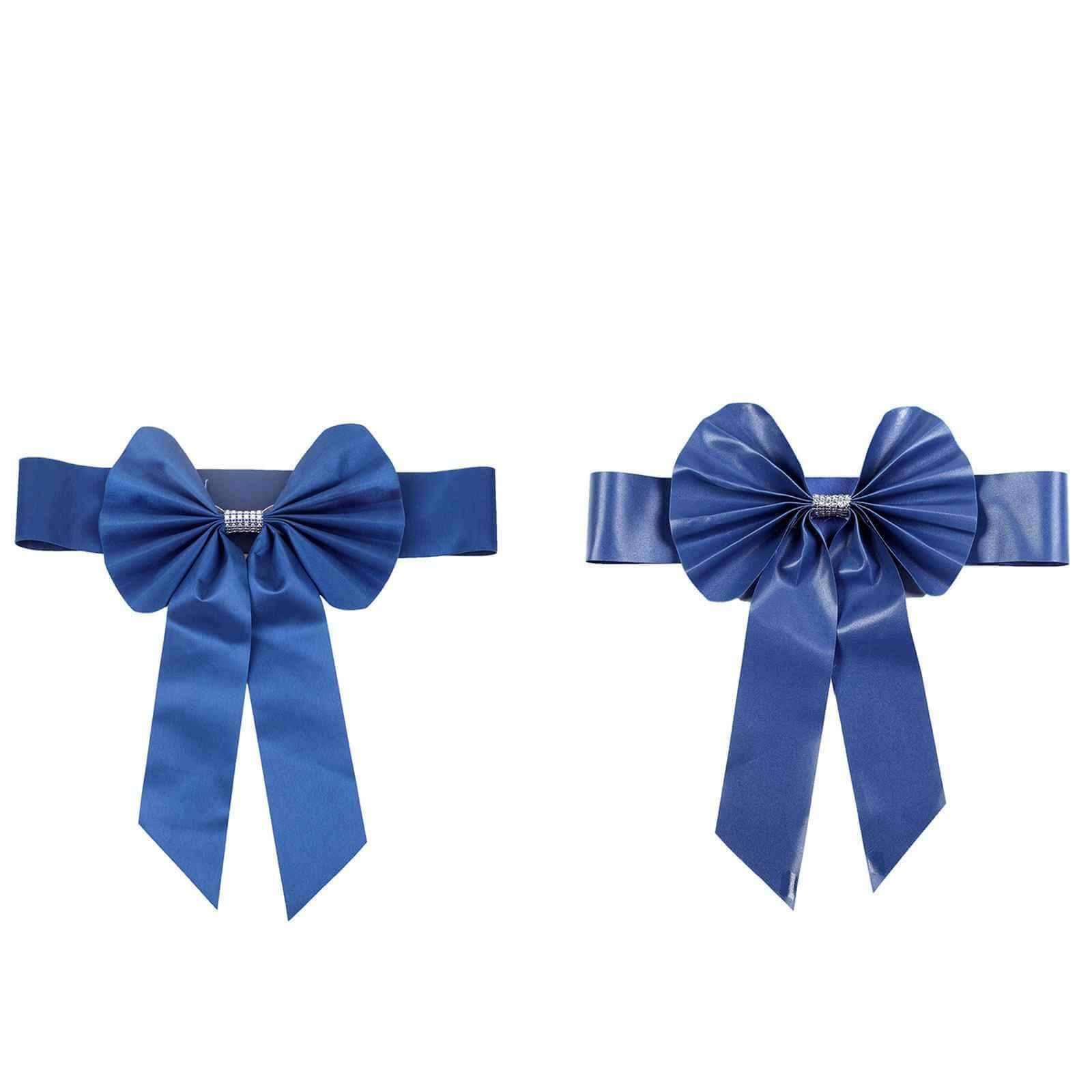 5 Pack Satin Faux Leather Chair Sashes Royal Blue - Durable Double Sided Pre-tied Bow Tie Chair Bands with Diamond Rhinestone Buckles