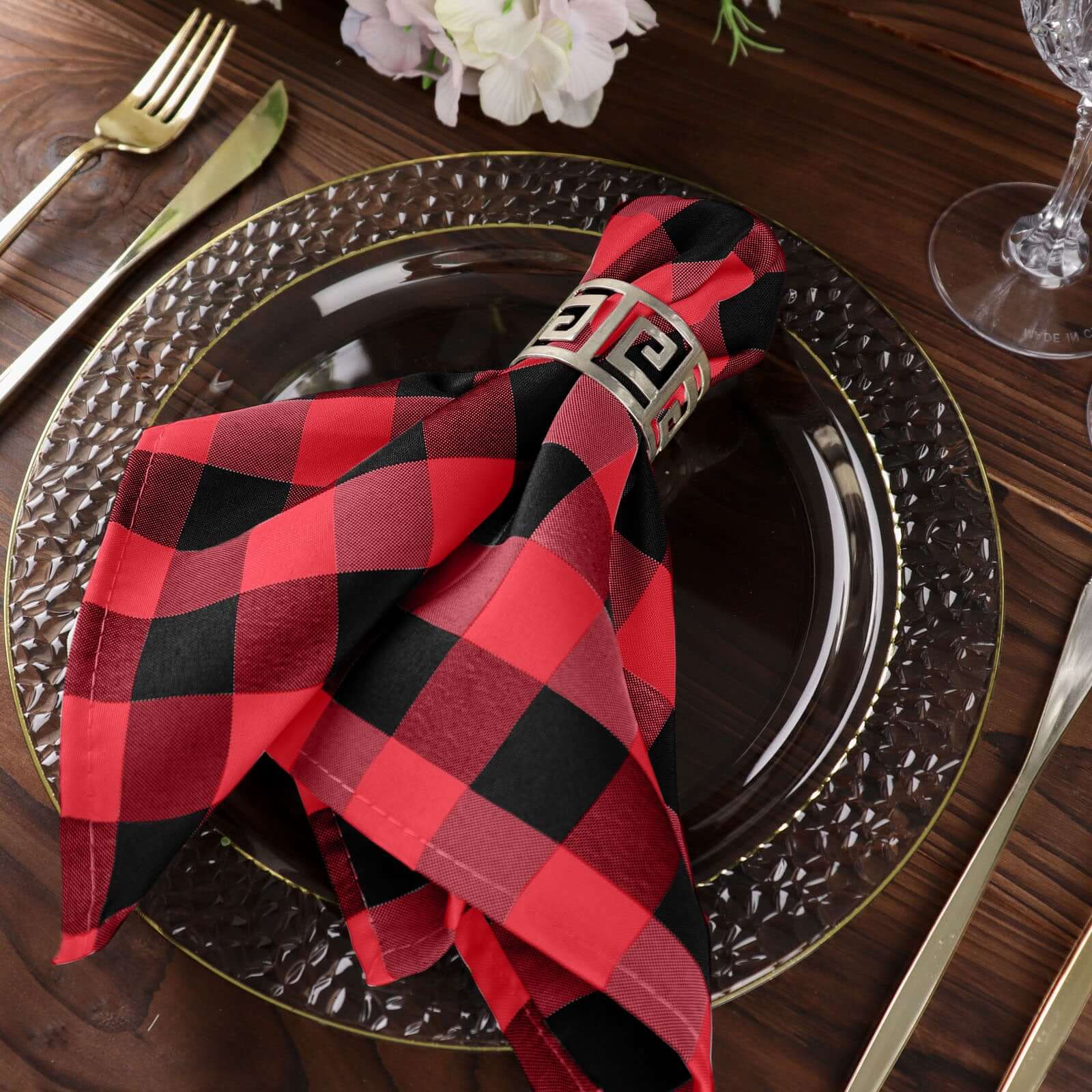 5 Pack Polyester 15"x15" Napkins Black/Red Buffalo Plaid Gingham Style Cloth Napkins