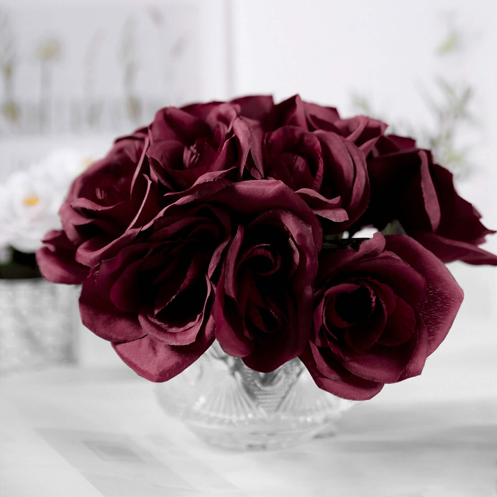 12" Burgundy Artificial Velvet-Like Fabric Rose Flower Bouquet Bush
