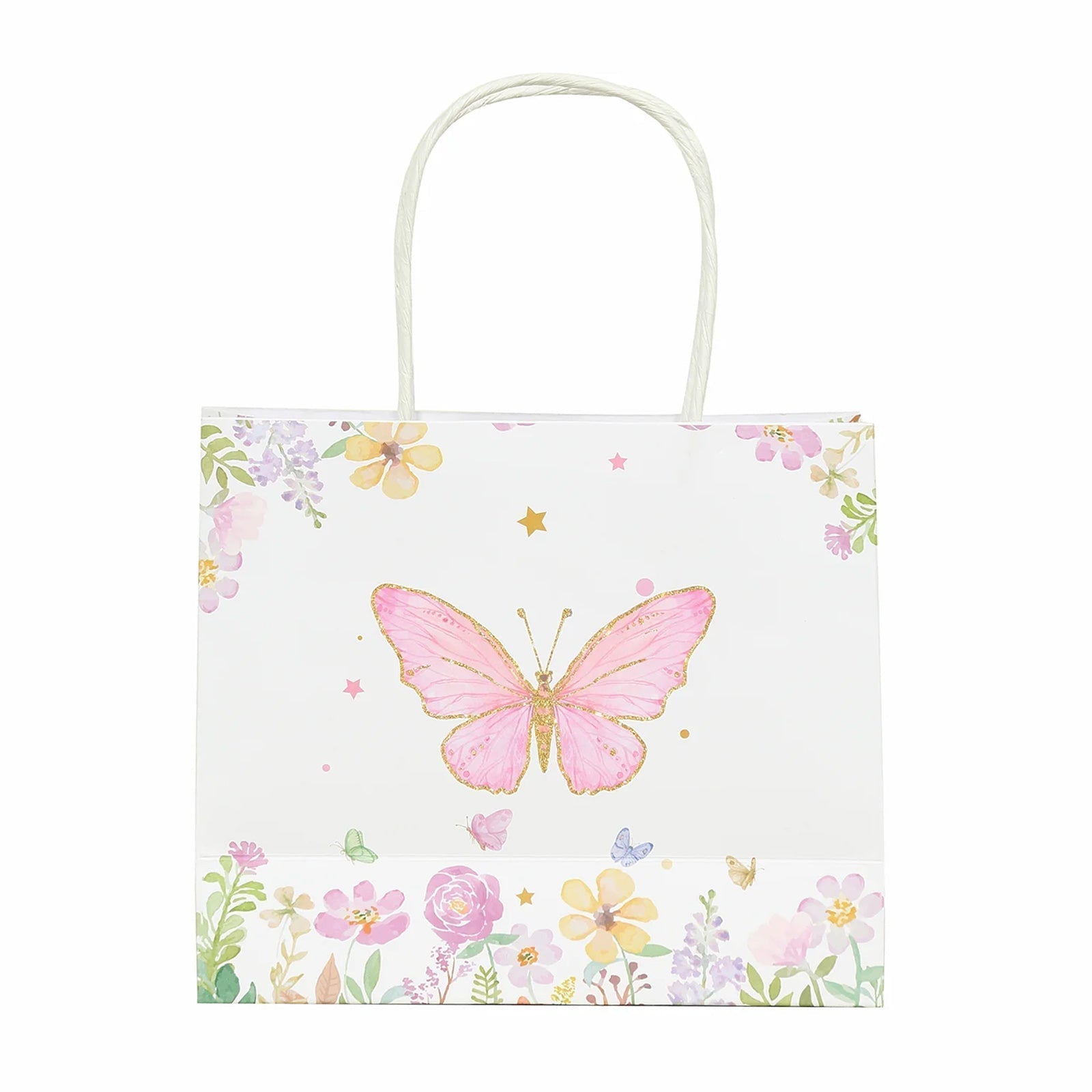 12 Pack Pink Glitter Butterfly Paper Favor Bags with Handles, Floral Print White Goodie Gift Bags - 6"x7"