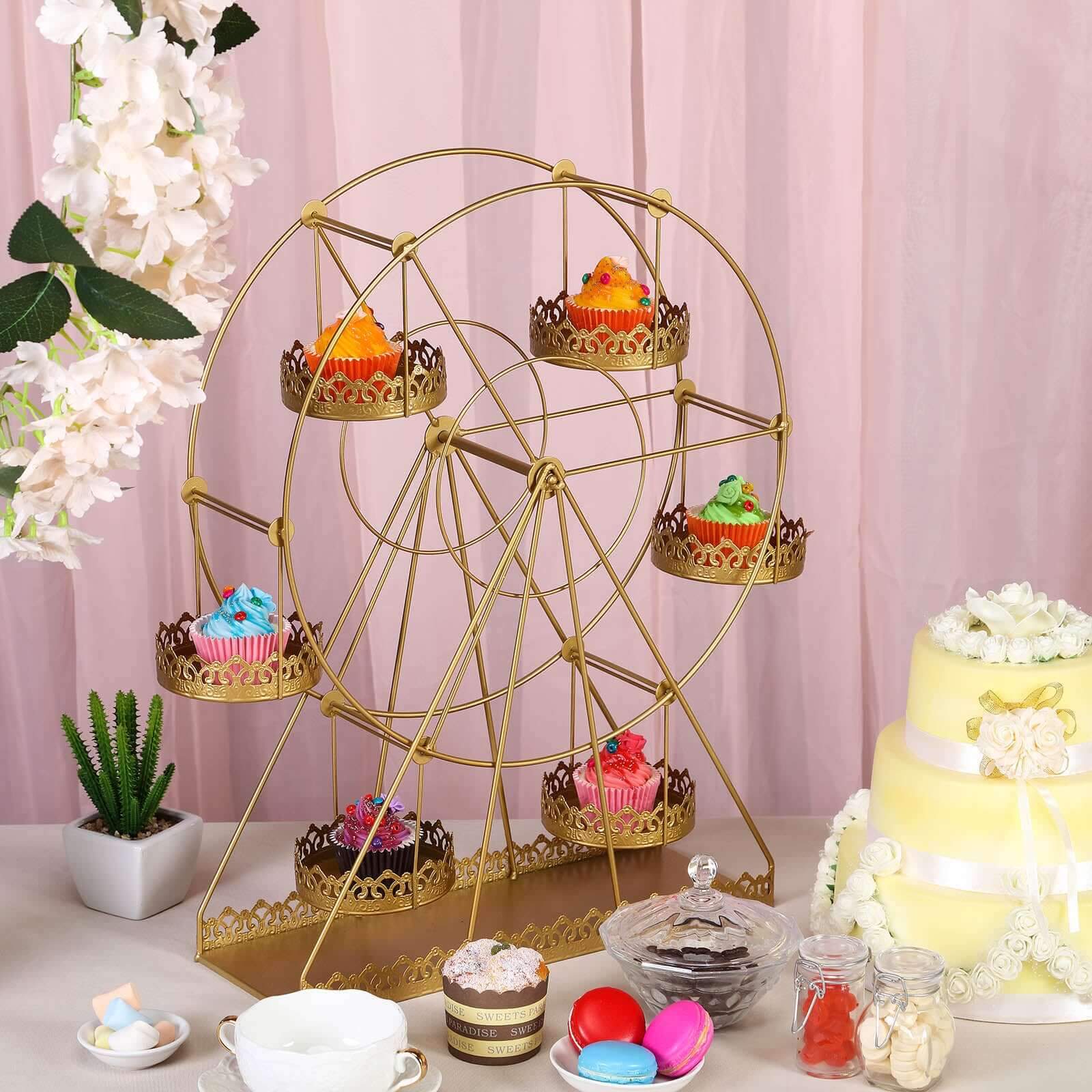 Metal Ferris Wheel Cupcake Holder Gold - Large Decorative Rotating Dessert Display Stand for Carnival-Themed Events Baby Showers & Weddings 23"