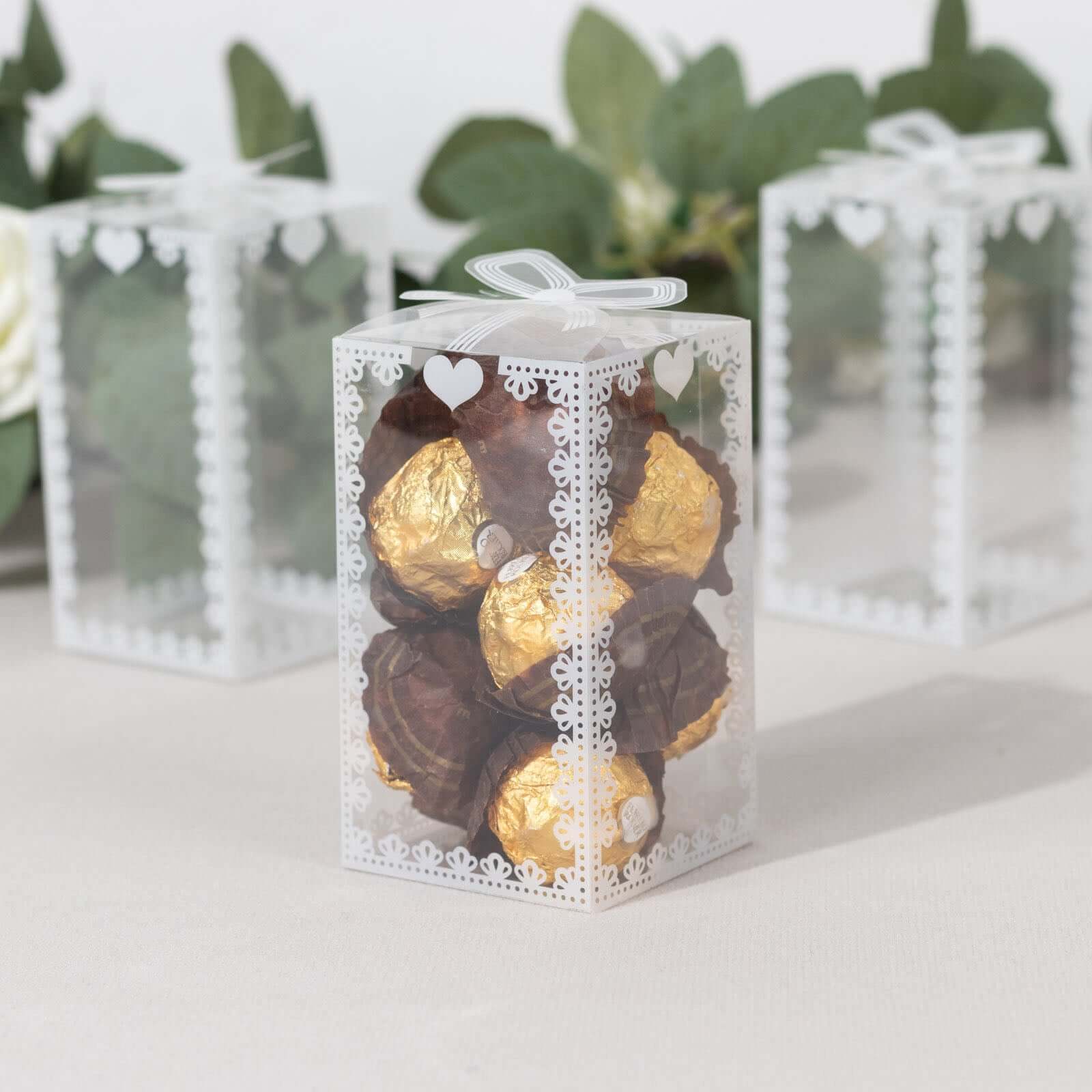 25 Pack Clear Rectangle Candy Gift Boxes With Bowknot and White Lace Pattern, 4" Transparent Plastic Party Favor Boxes - 2"x2"x4"