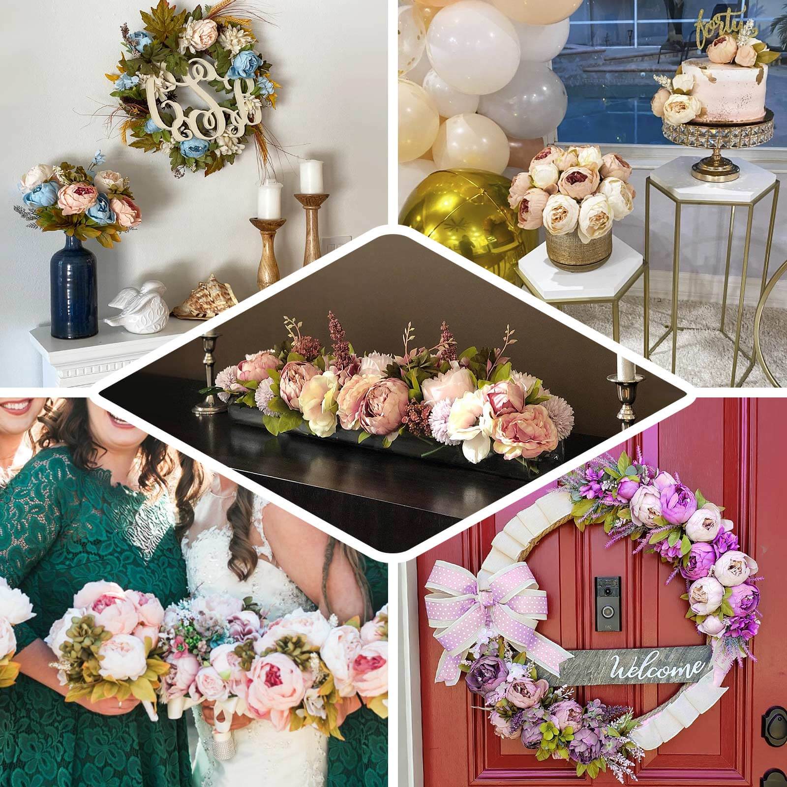 2 Pack 19" Cream Blush Artificial Peony Flower Wedding Bouquets, Faux Silk Flower Arrangements