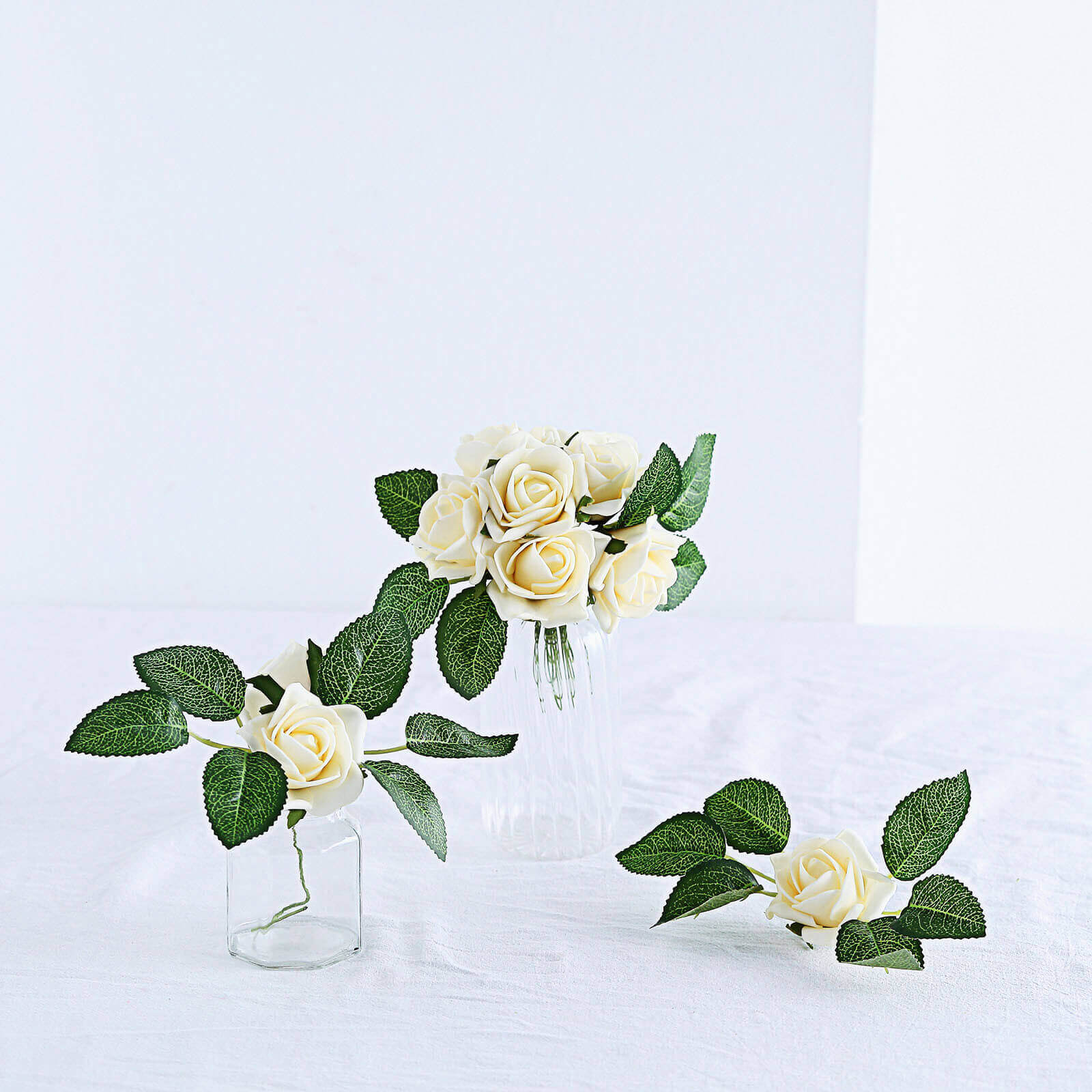 24 Roses 2" Cream Artificial Foam Flowers With Stem Wire and Leaves