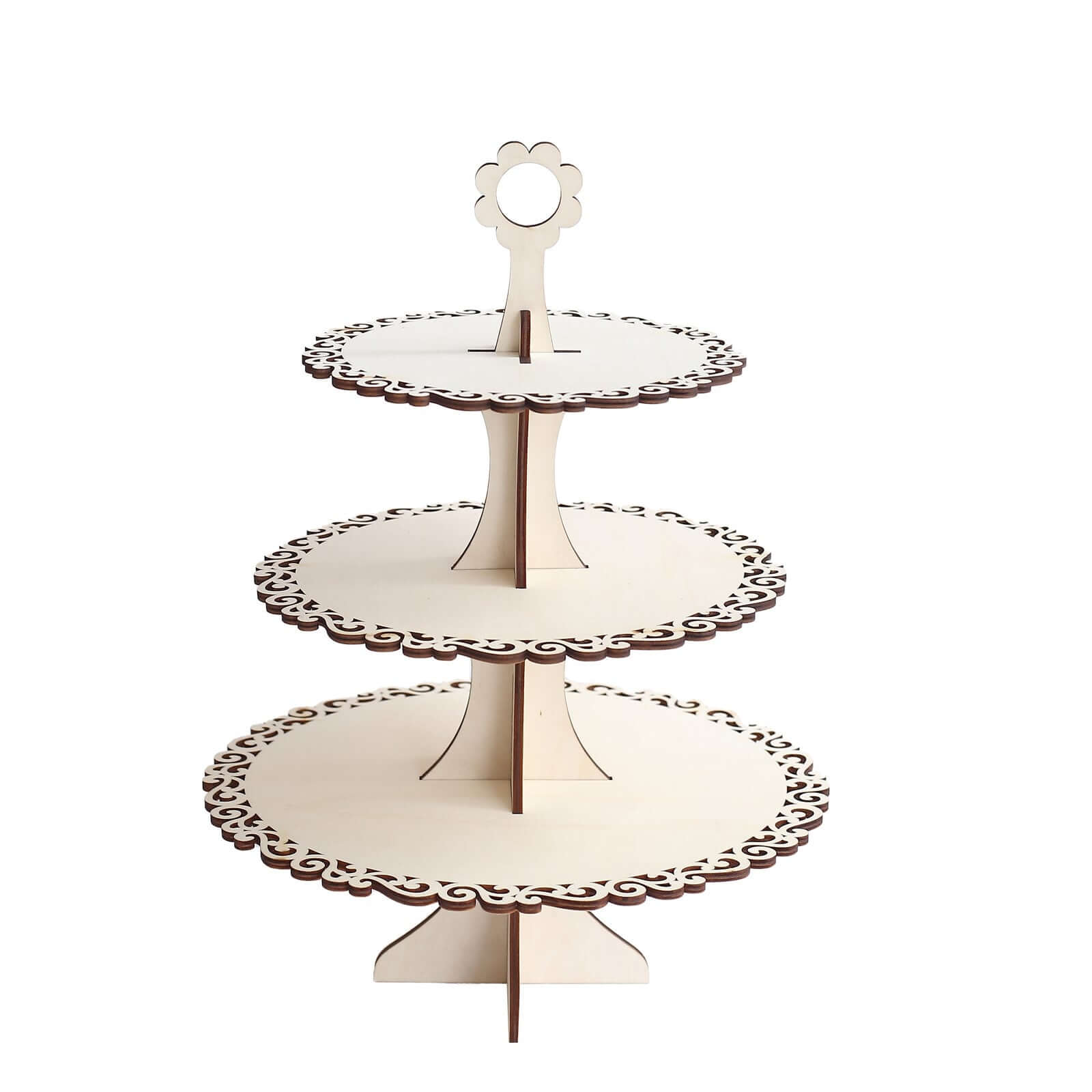 3-Tier Wooden Cupcake Stand Floral Edge Design Natural - Rustic Round Dessert Display Table Centerpiece 16"