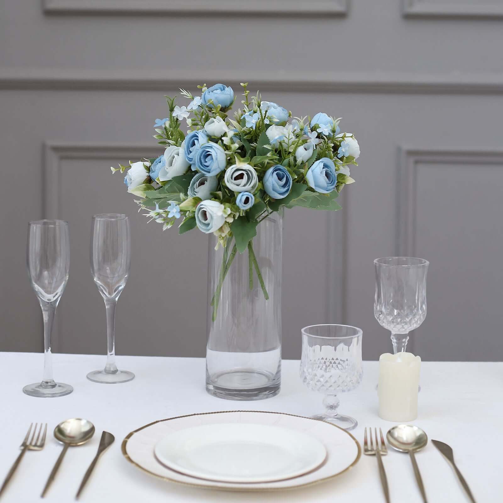 4 Pack 12" Artificial Dusty Blue Ranunculus Silk Flower Bridal Bouquets, Faux Buttercup Floral Arrangement