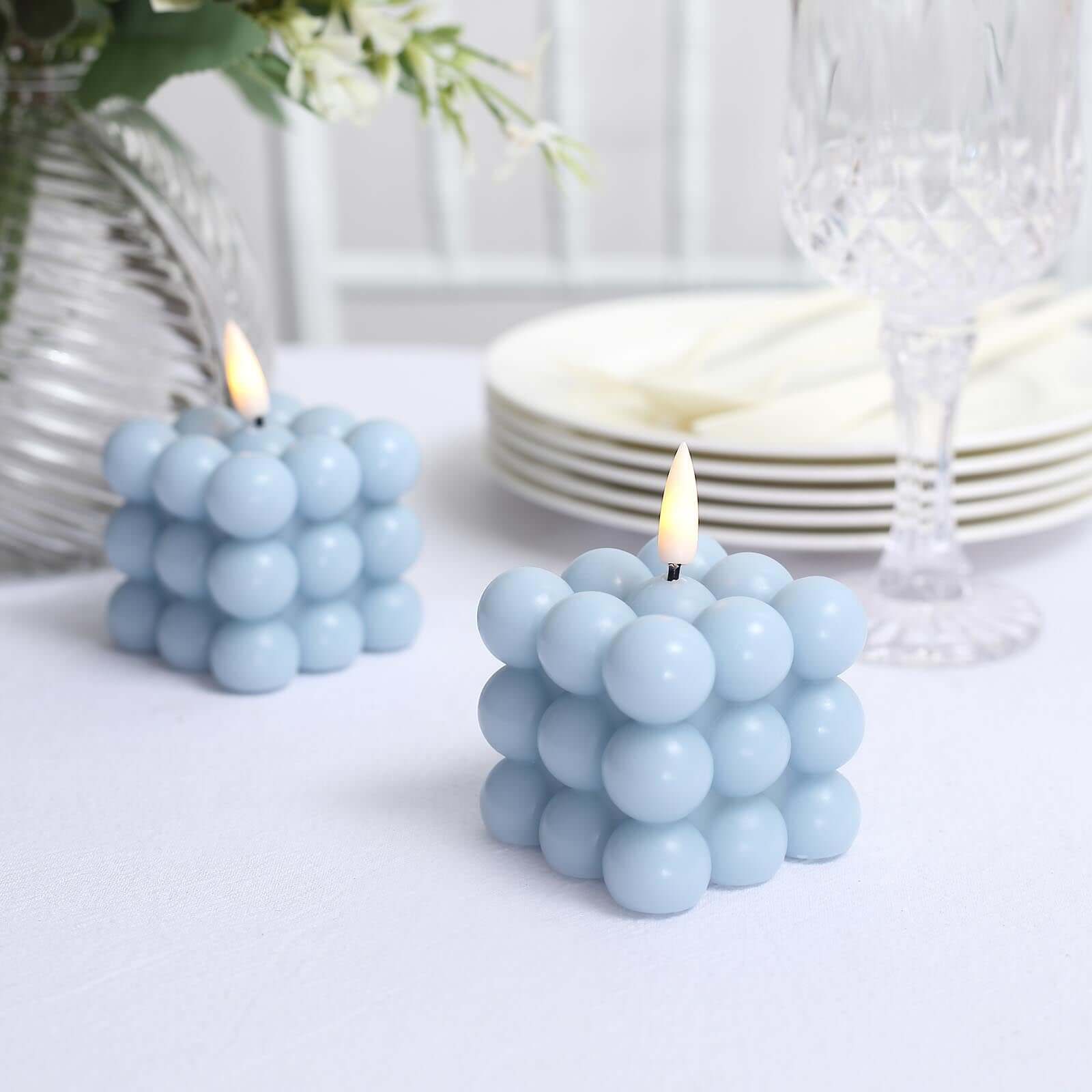 2-Pack LED Flameless Cube Candles Flickering Warm White Dusty Blue - Battery Operated Bubble Design 2"