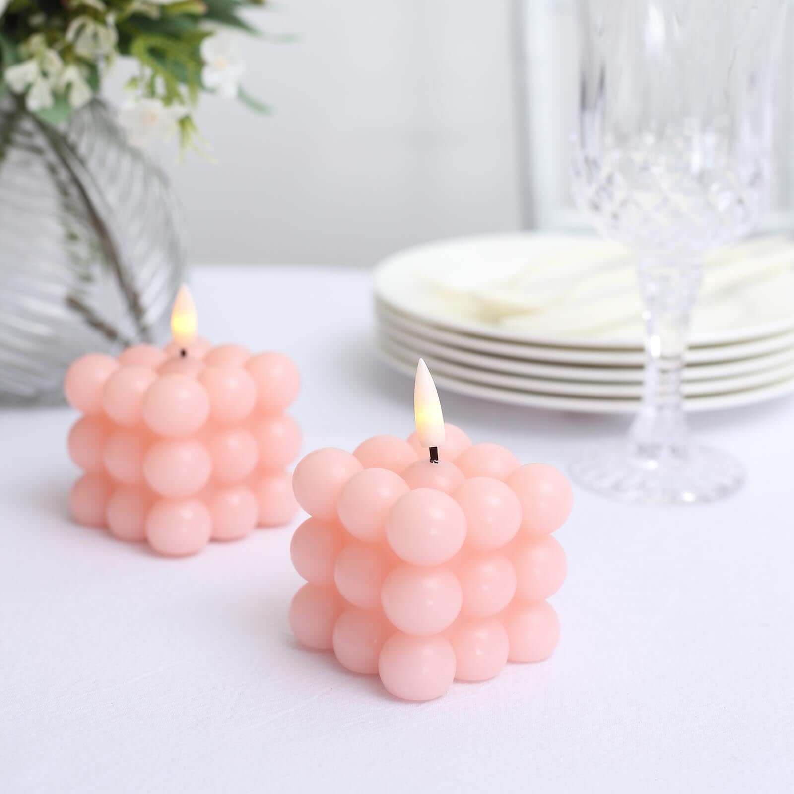 2-Pack LED Flameless Cube Candles Flickering Warm White Blush - Battery Operated Bubble Design 2"