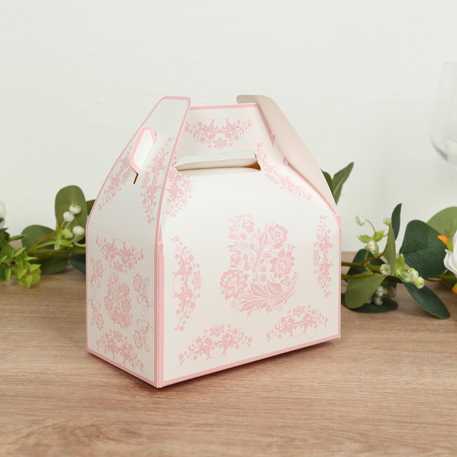 25 Pack White Pink Candy Gift Tote Gable Boxes in Damask Floral Pattern, Party Favor Treat Boxes - 6"x3.5"x7"