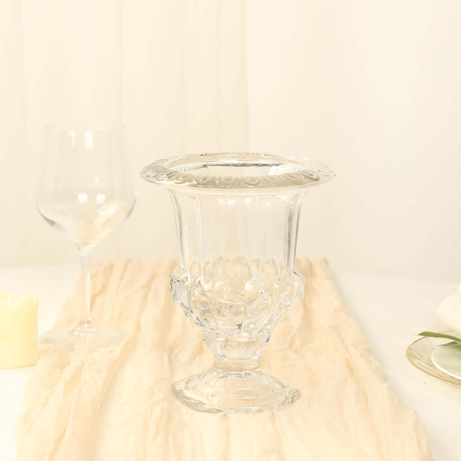 2-Pack Glass Mini Pedestal Flower Vases in Classic Roman Urn Style Clear - Sophisticated Wedding Table Centerpieces 6"