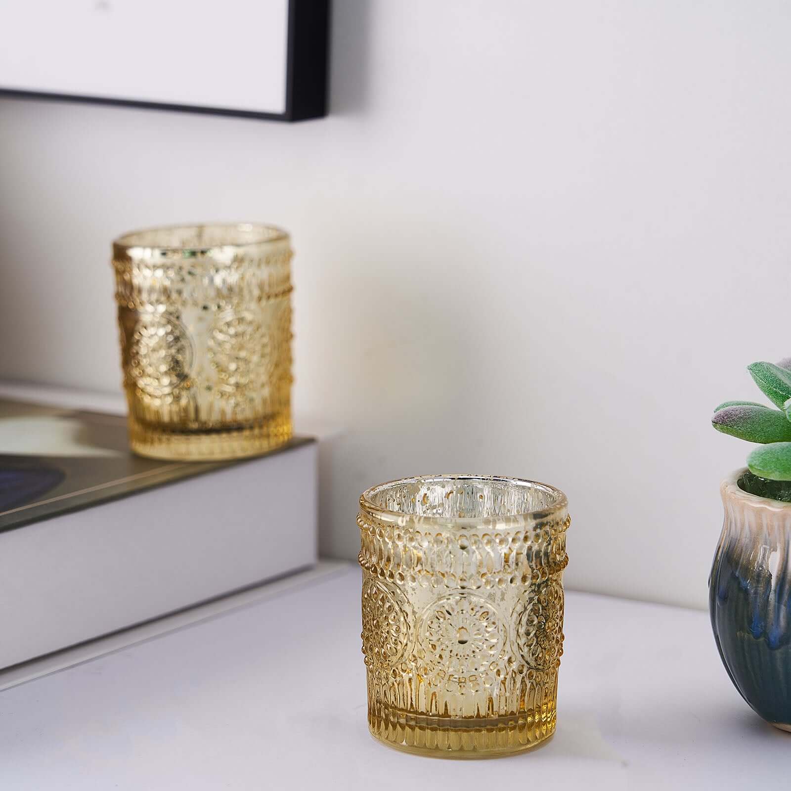 6-Pack Gold Glass Votive Tealight Holders - Stylish Primrose Design for Weddings & Décor