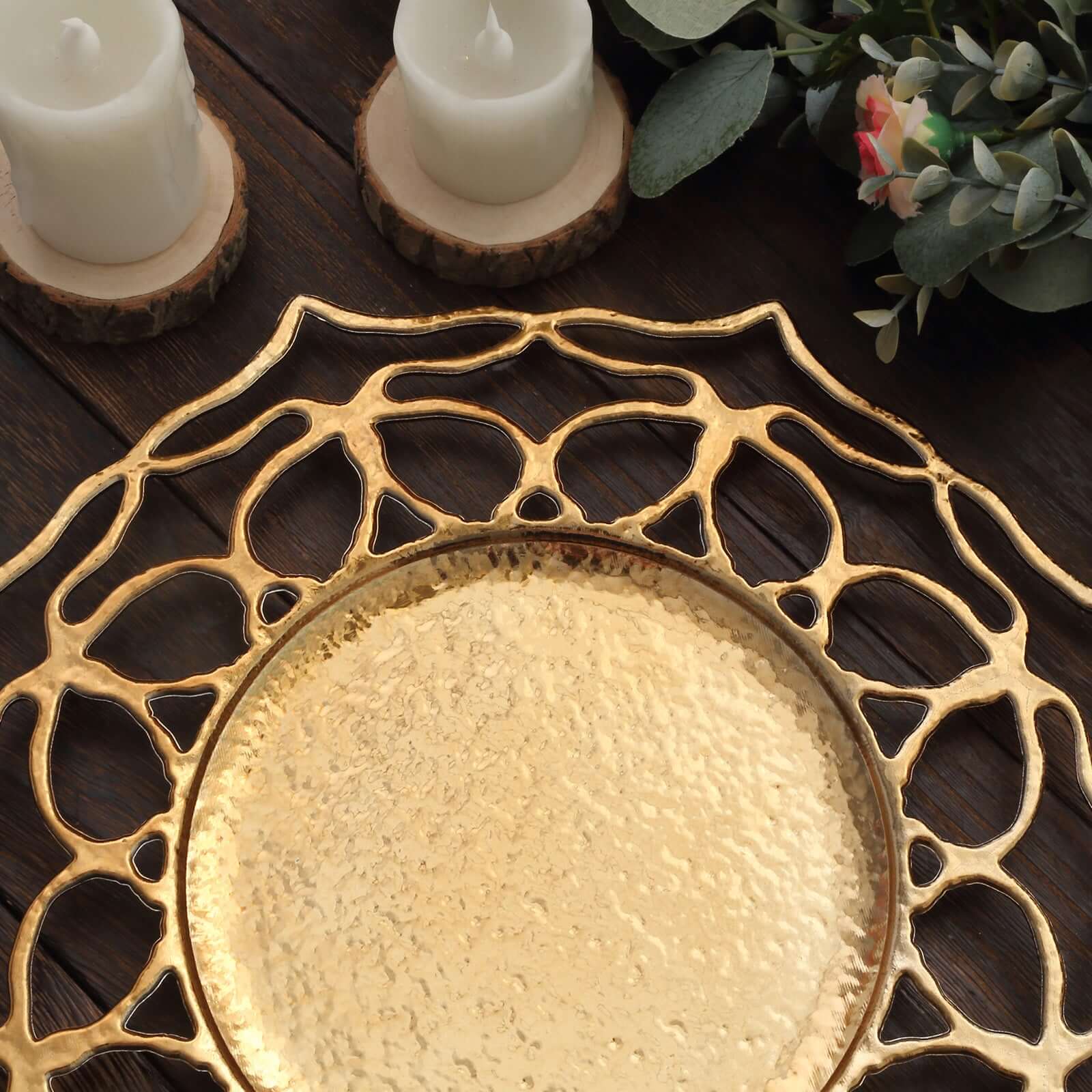 6-Pack Acrylic Round Charger Plates 13" in Gold with Floral Cutout Design, Hollow Flower Plastic Decorative Dinner Party Charger Tableware