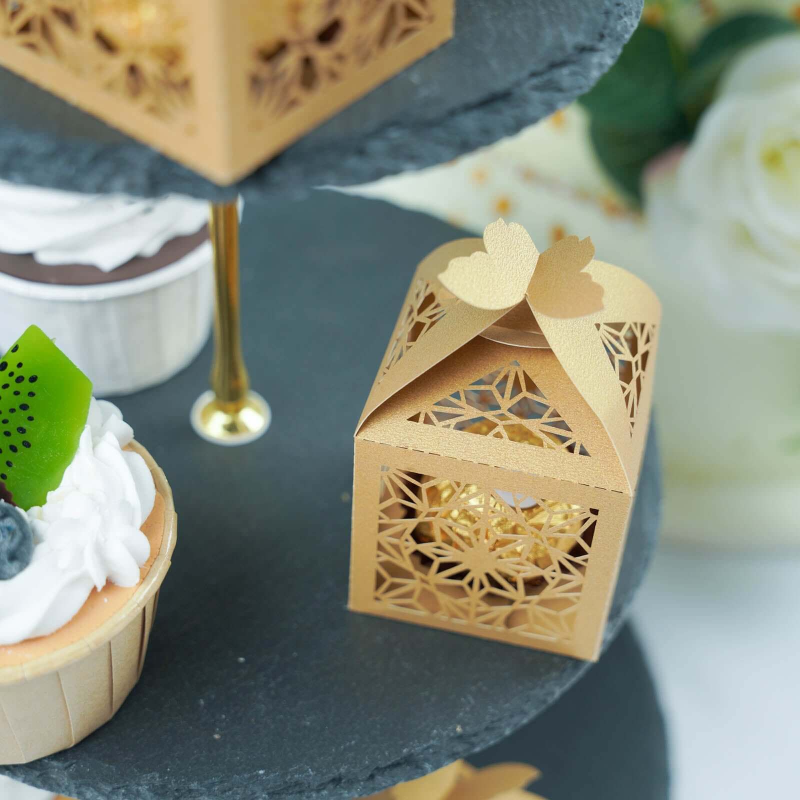 25 Pack Gold Butterfly Top Laser Cut Lace Favor Candy Gift Boxes