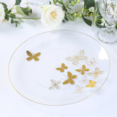Set of 20 Plastic Round Dinner and Salad Plates in Clear with Gold Butterfly Design & Gold Rim - Stylish Disposable Dinnerware 8", 10"