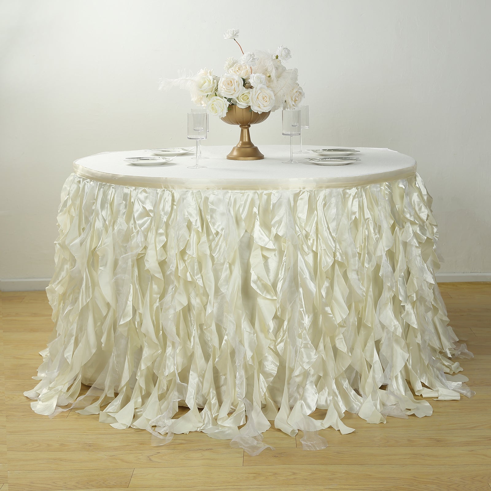 Taffeta 17ft Table Skirt Ivory - Cascading Curly Willow Style Table Cover