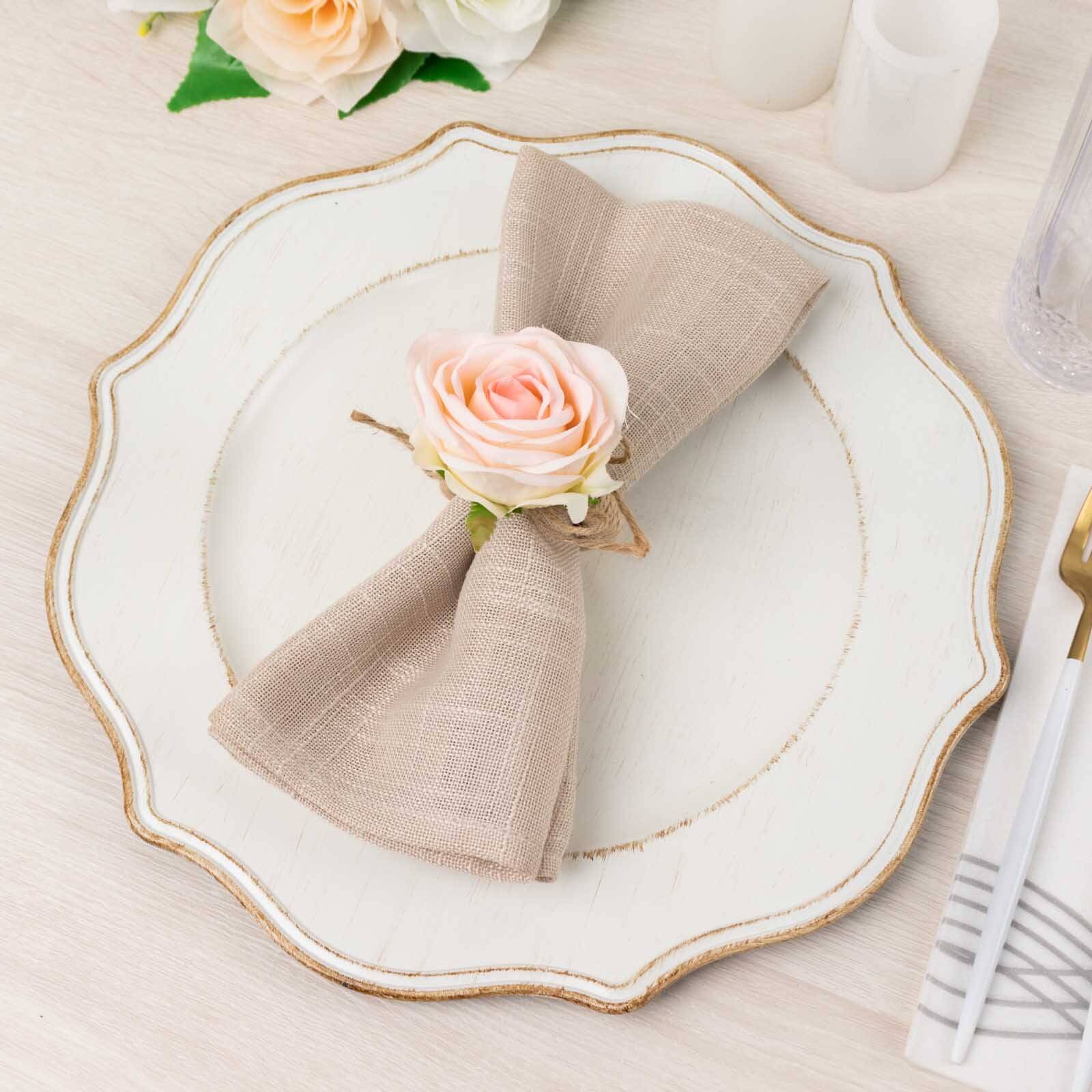 4 Pack Blush Artificial Rose Flower Wooden Napkin Holders, Farmhouse Country Floral Napkin Rings - 4"