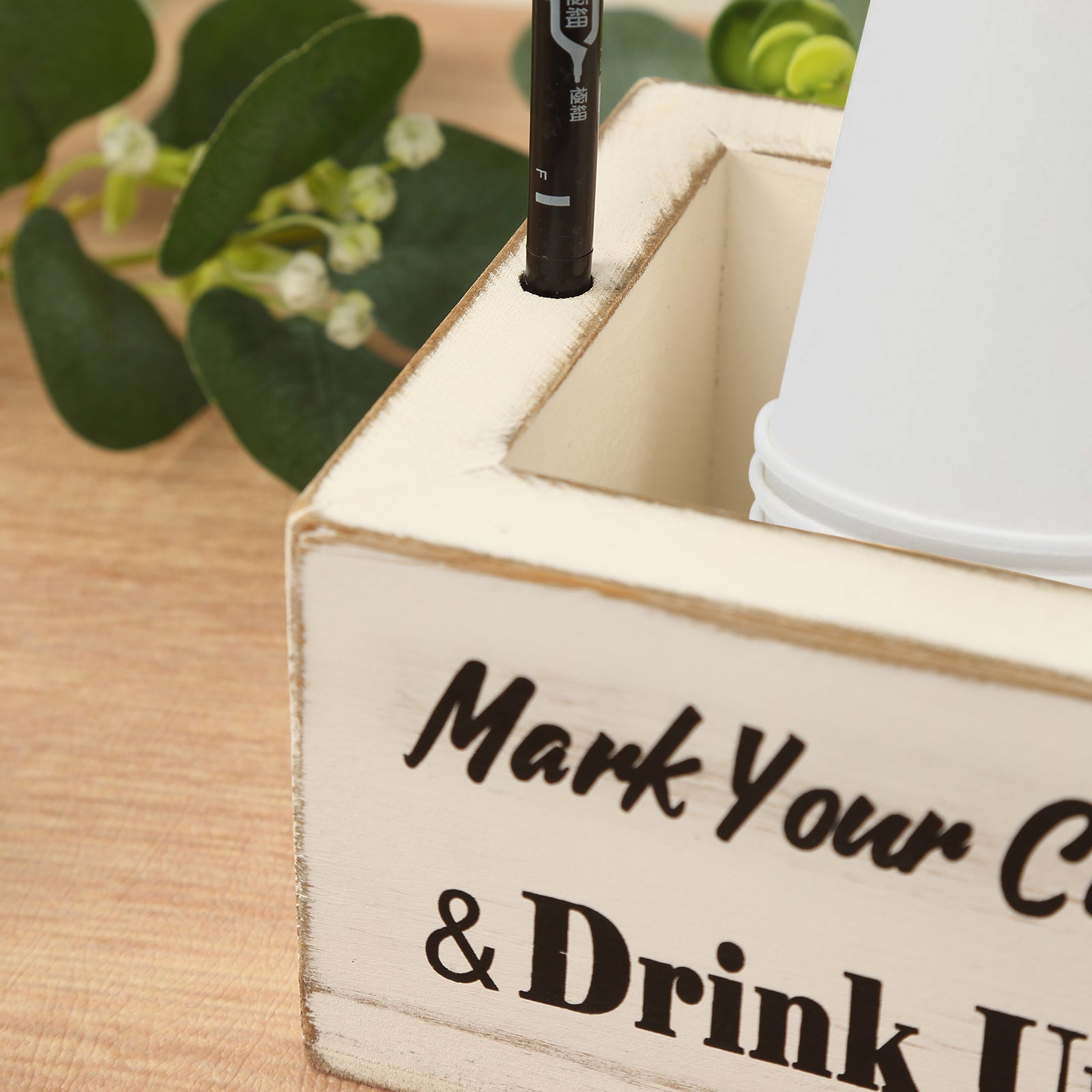 Rustic Wooden Solo Cup Holder Whitewashed with Black Marker - Farmhouse Party Dispenser Box 5.5"