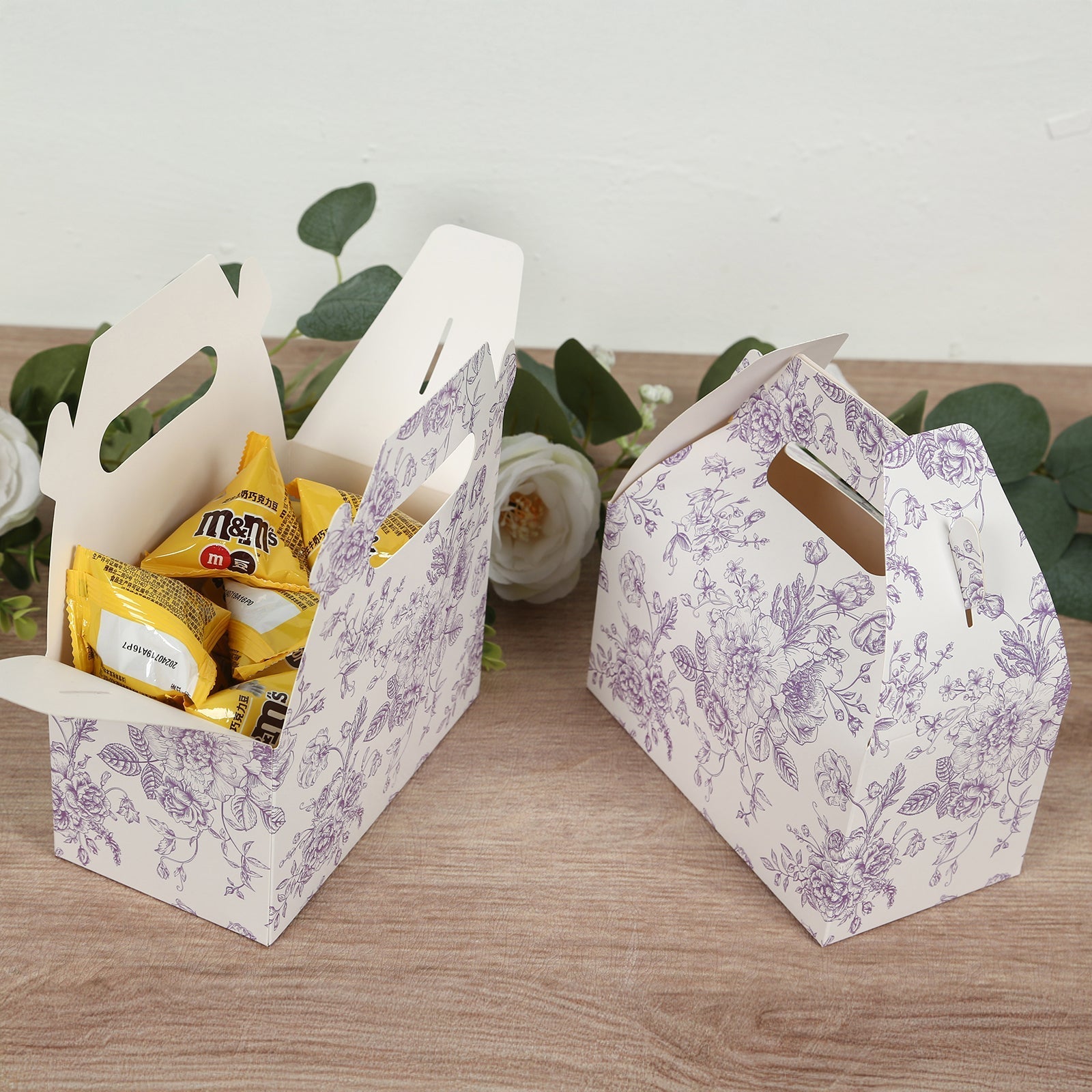 25 Pack Candy Treat Tote Boxes in French Toile Pattern - Matte Lavender and White Party Favor Gable Boxes, Cardstock Paper - 6"x3.5"x7"
