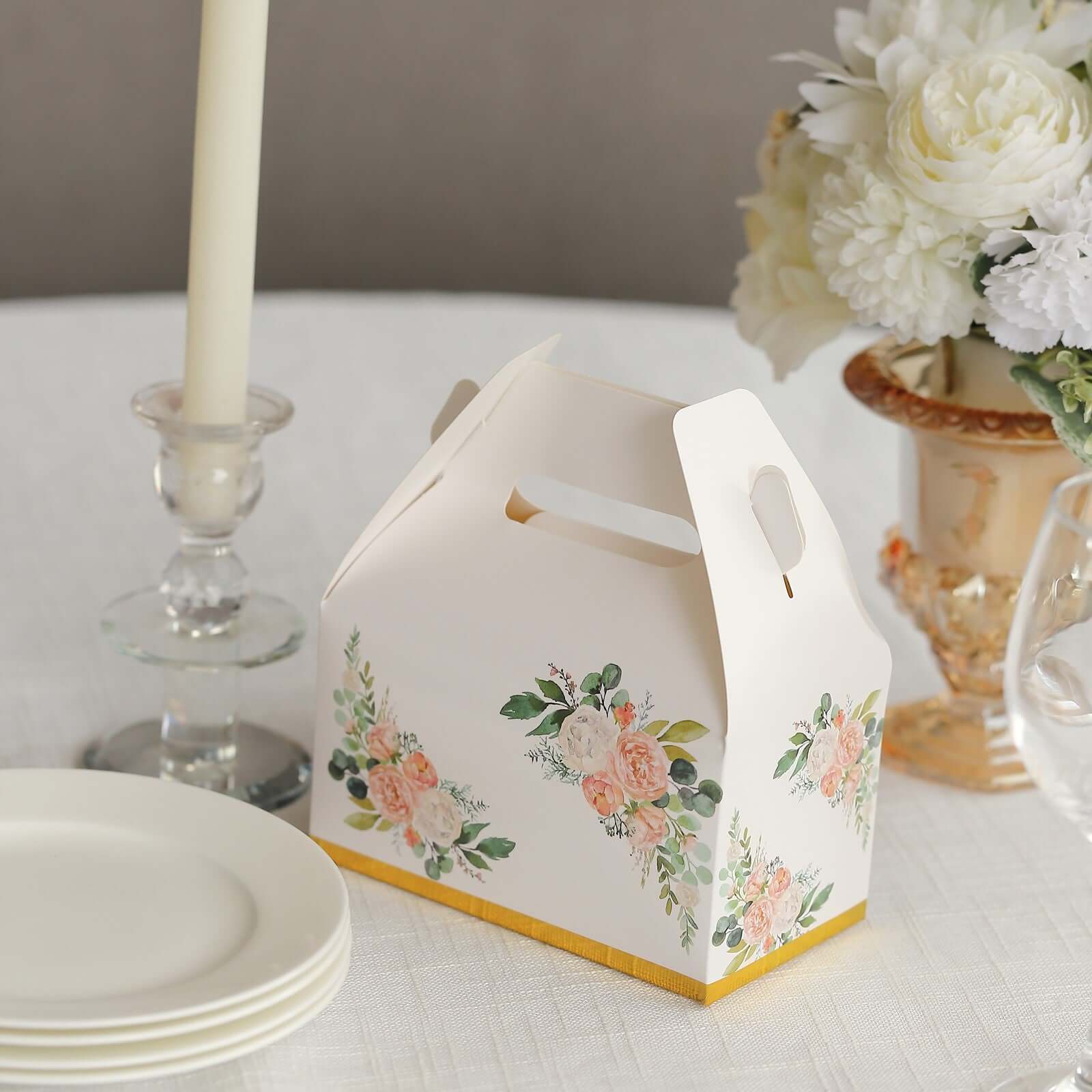 25 Pack White Pink Peony Flowers Print Candy Gift Tote Gable Boxes with Gold Edge, Party Favor Treat Boxes - 6"x3.5"x7"