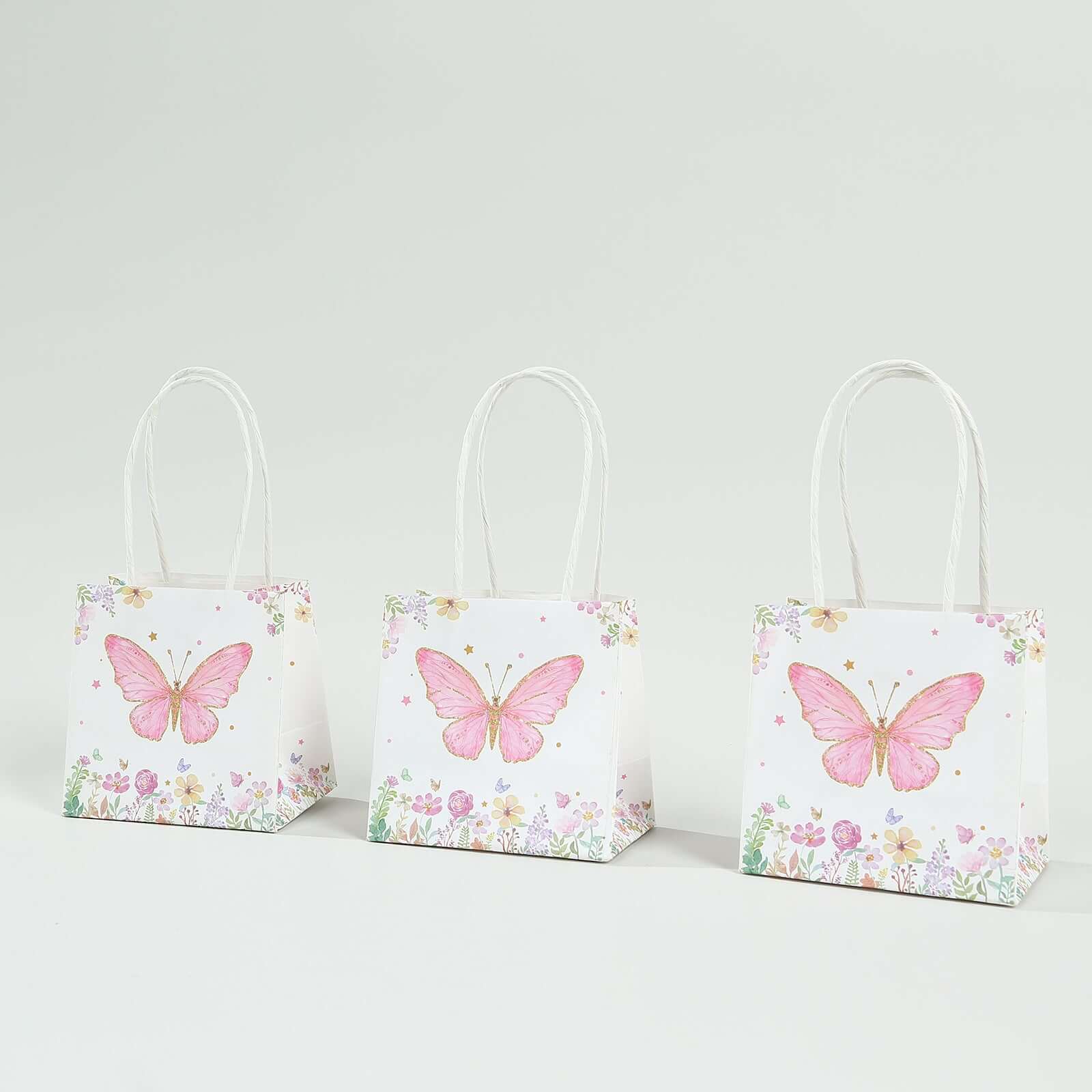 12 Pack Pink Glitter Butterfly Paper Favor Bags With Handles, Floral Print White Goodie Gift Bags - 4"x4"