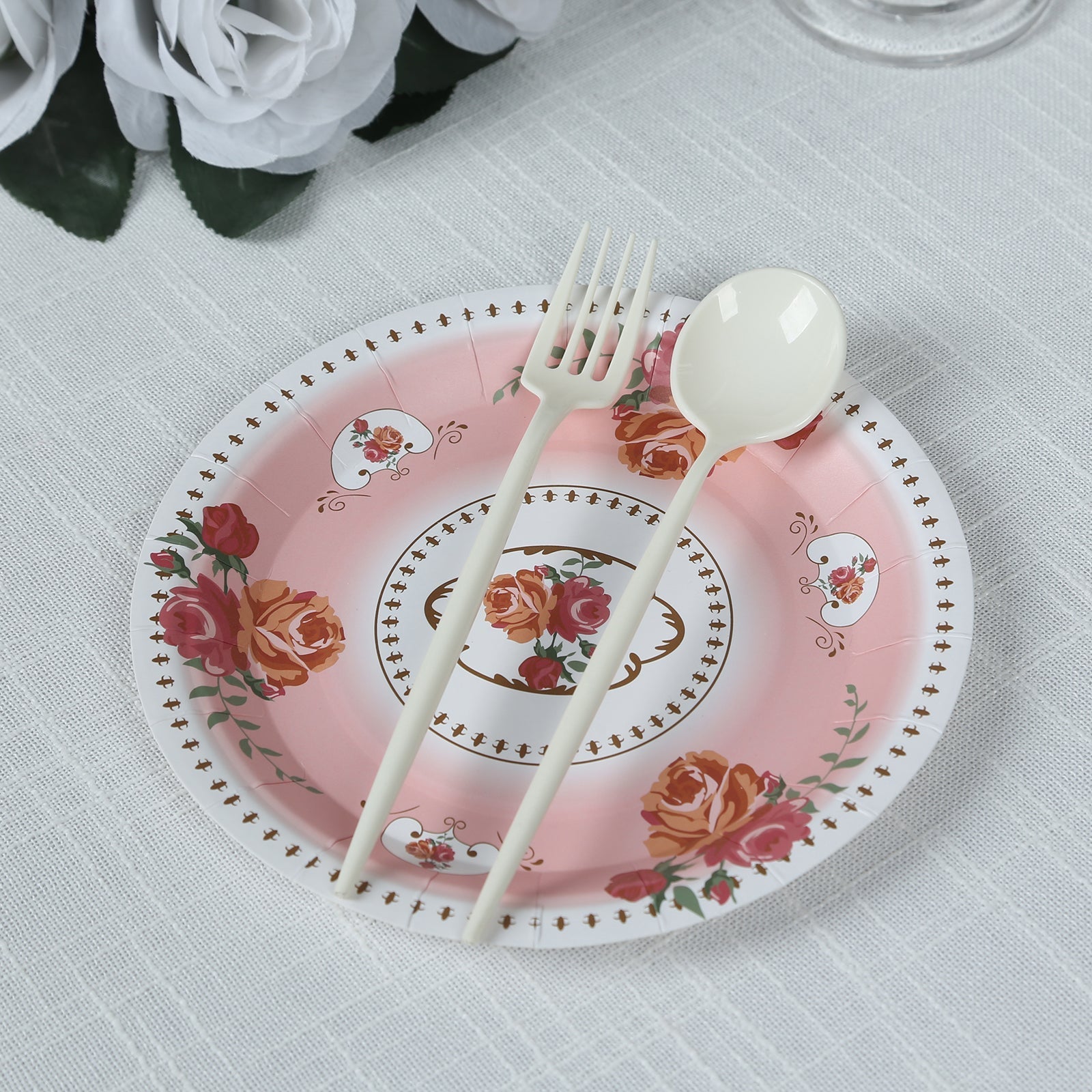 25-Pack Paper 7" Round Dessert Plates in Dusty Rose with Vintage Rose Flower Print - Disposable Appetizer Salad Plates