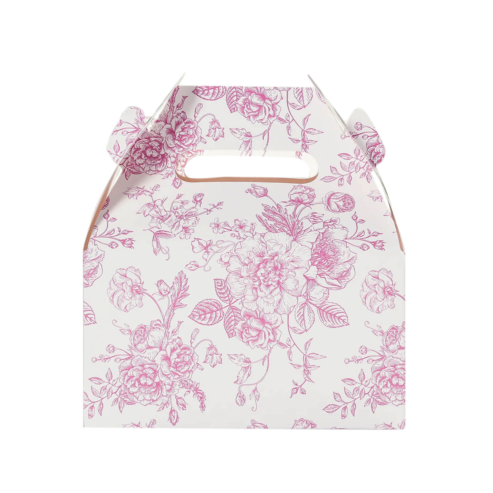25 Pack Candy Treat Tote Boxes in French Toile Pattern - Matte Pink and White Party Favor Gable Boxes, Cardstock Paper - 6"x3.5"x7"