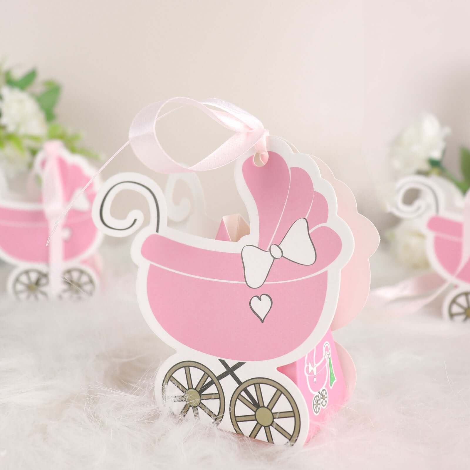 25 Pack Pink Baby Paper Stroller Party Favor Gift Boxes, Cardstock Carriage Candy Boxes with Ribbon Ties - 4.5"x2"x4"