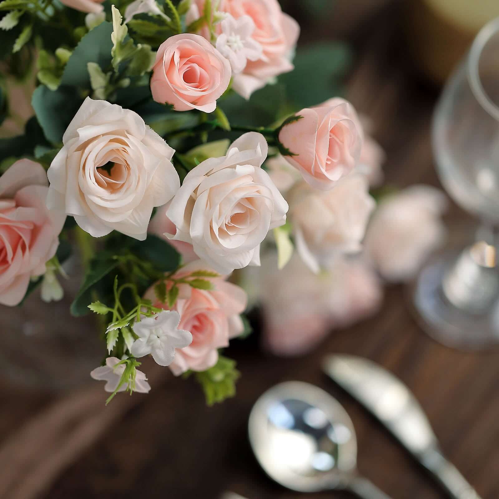 4 Bushes 12" Blush Real Touch Artificial Silk Rose Flower Bouquet, Faux Bridal Flowers