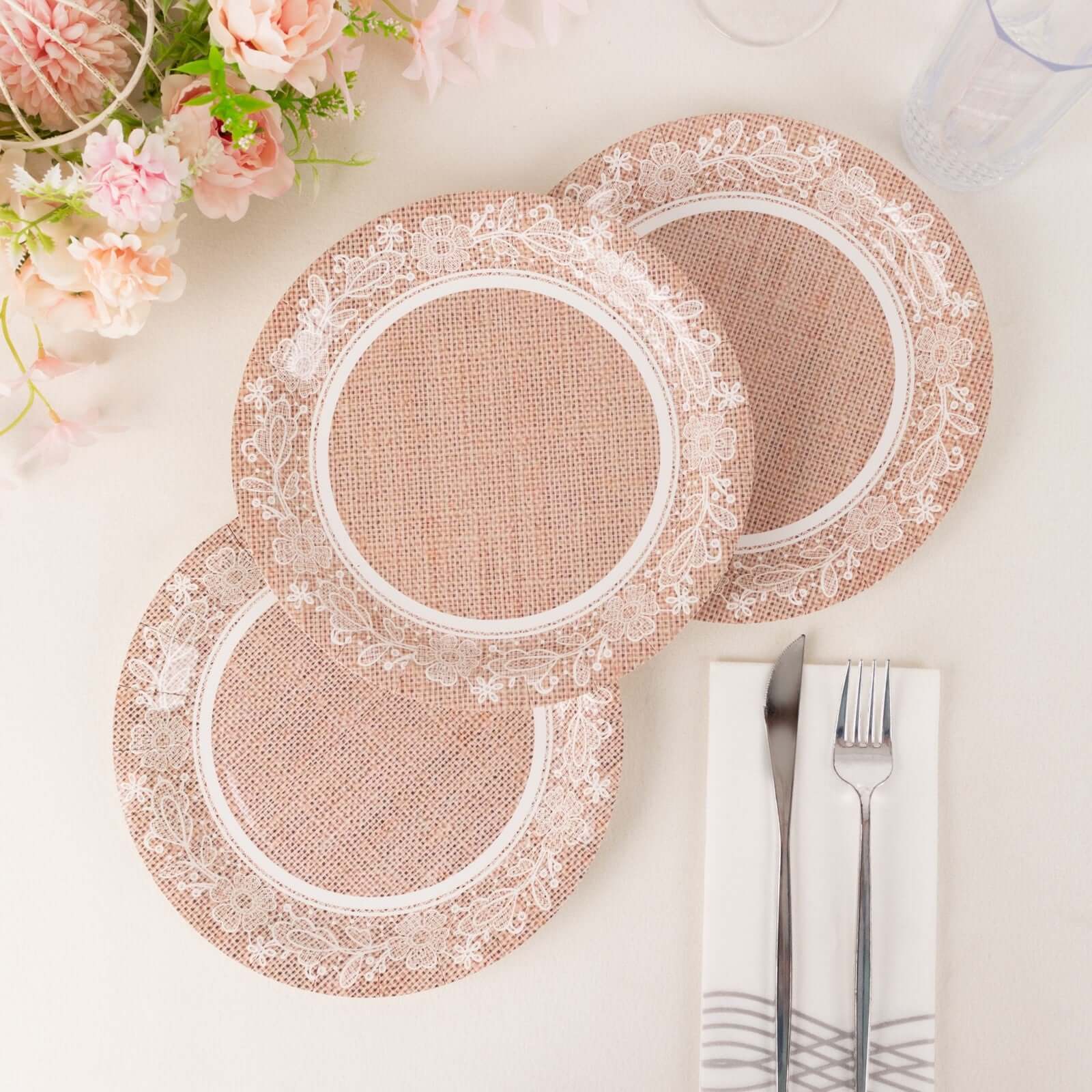 25-Pack Paper 9" Round Dinner Plates in Natural Burlap Print with White Floral Lace Rim - Rustic Farmhouse Inspired Disposable Party Plates