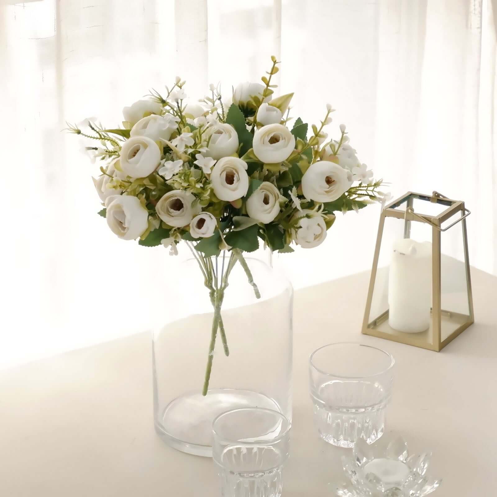 4 Pack 12" Artificial Ivory Ranunculus Silk Flower Bridal Bouquets, Faux Buttercup Floral Arrangement