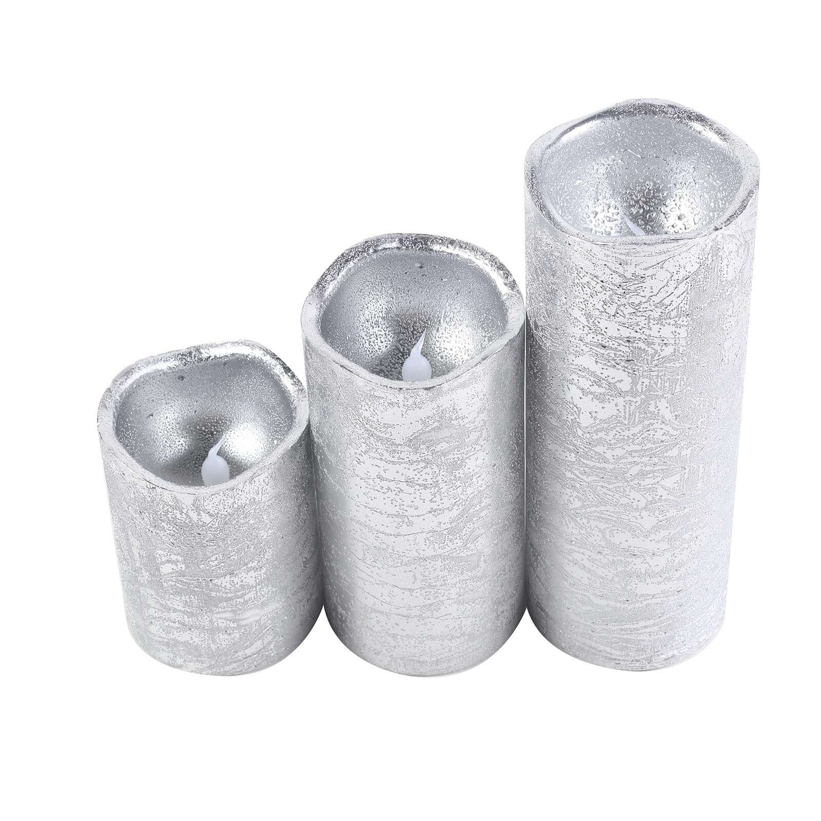 Set of 3 LED Flameless Pillar Candles Remote Operated Metallic Silver - Battery Powered 4", 6", 8"