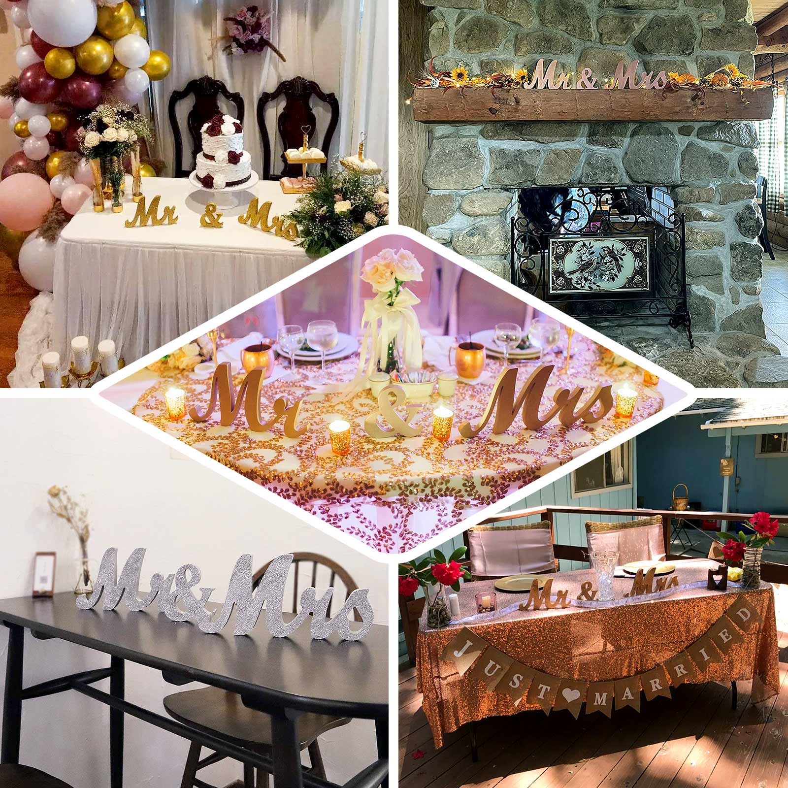 Wooden "Mr & Mrs" Freestanding Letters Silver Glittered - Rustic Glam Wedding Table Display Signs