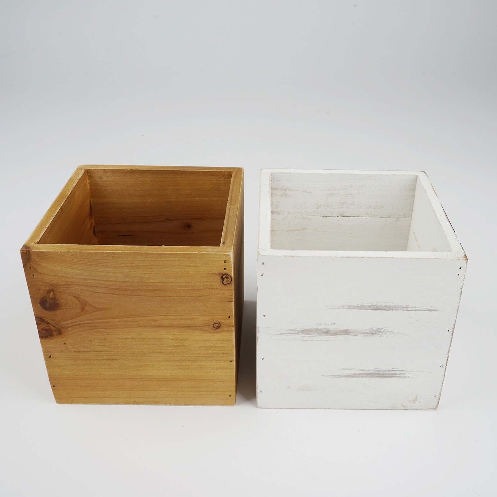 2 Pack 5" Whitewash Square Wood Planter Box Set With Removable Plastic Liners