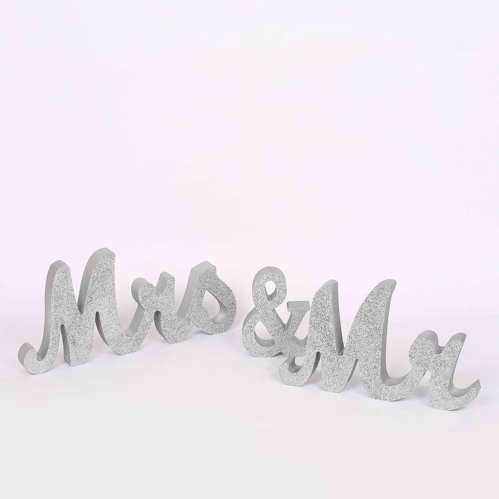 Wooden "Mr & Mrs" Freestanding Letters Silver Glittered - Rustic Glam Wedding Table Display Signs