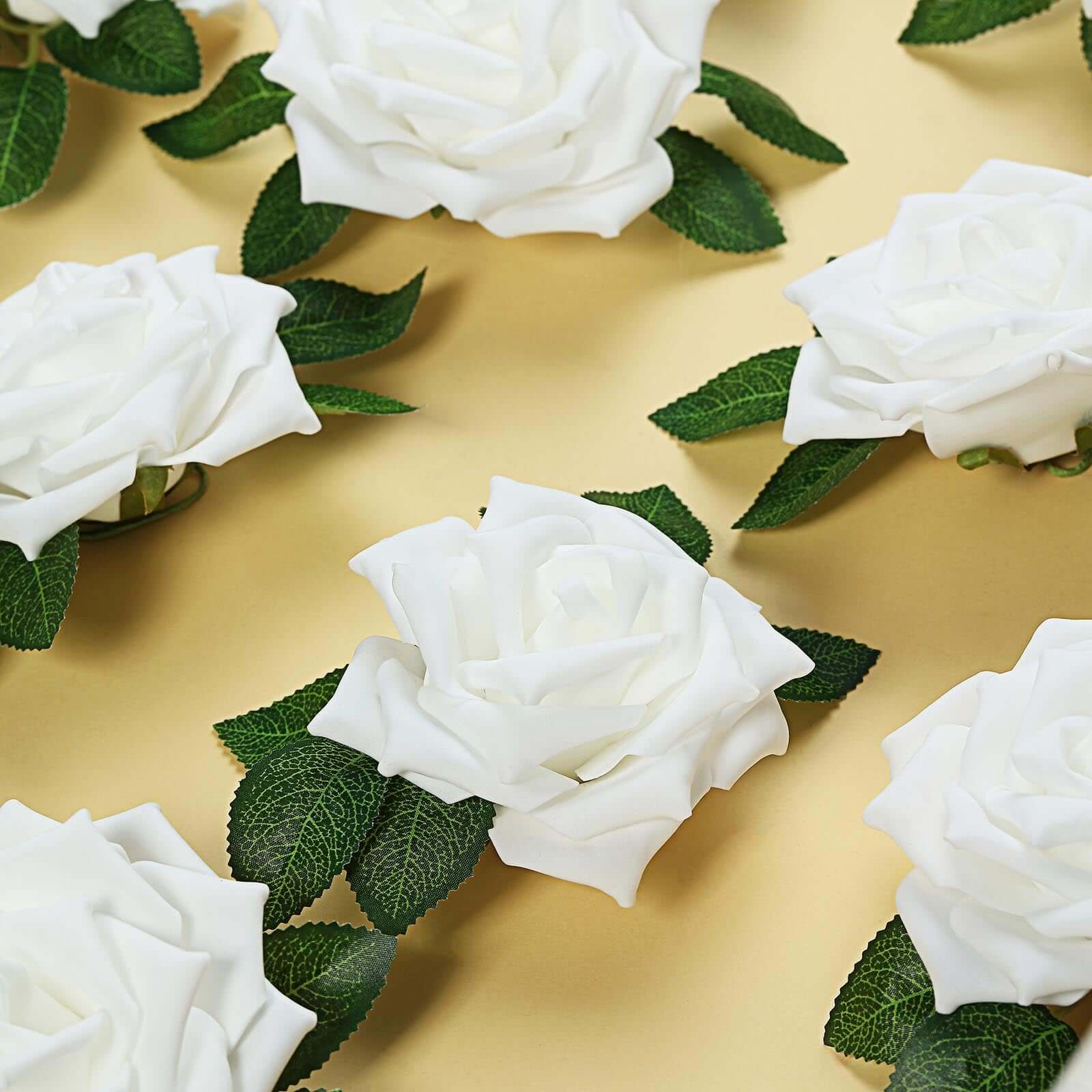 24 Roses 5" White Artificial Foam Flowers With Stem Wire and Leaves