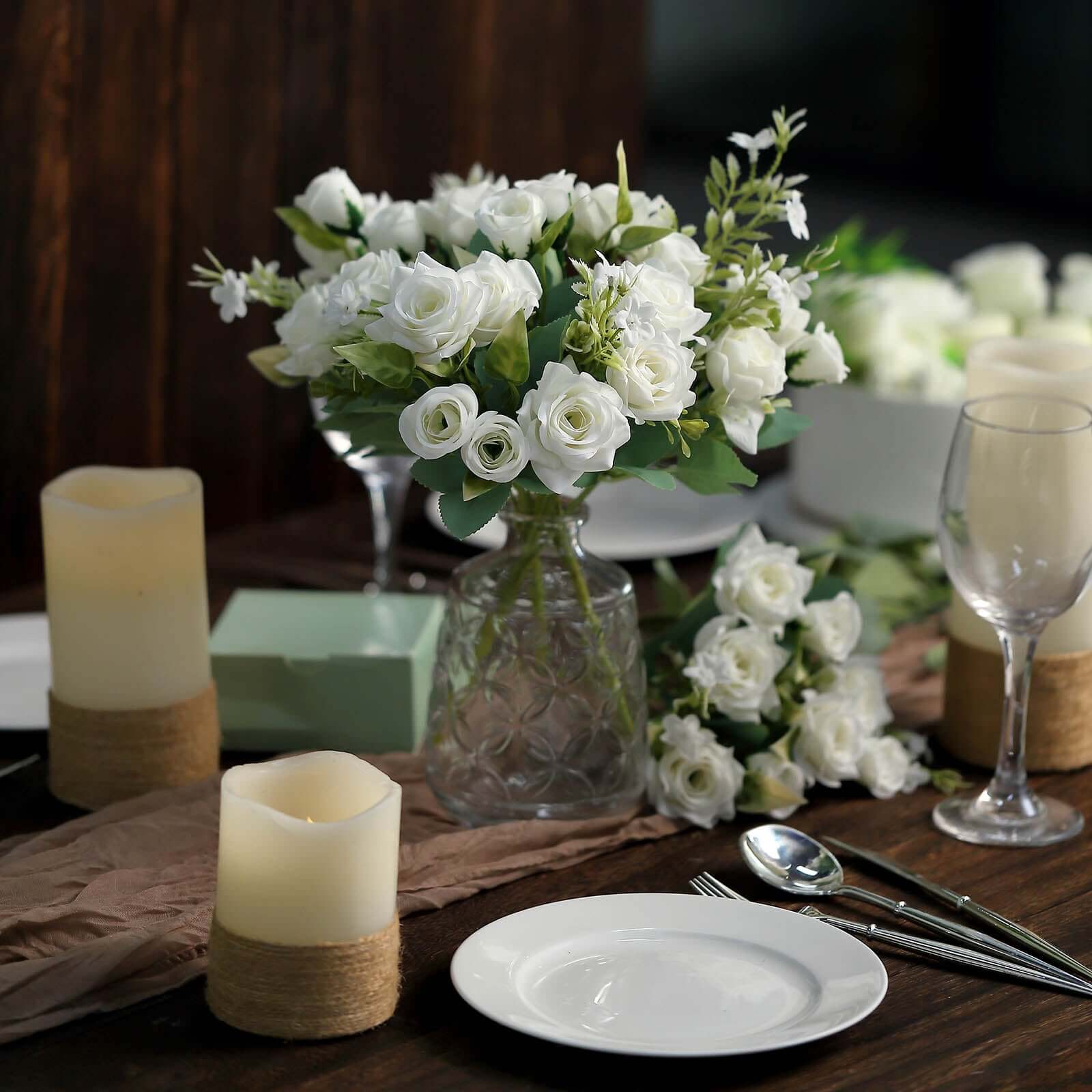 4 Bushes 12" Ivory Real Touch Artificial Silk Rose Flower Bouquet, Faux Bridal Flowers