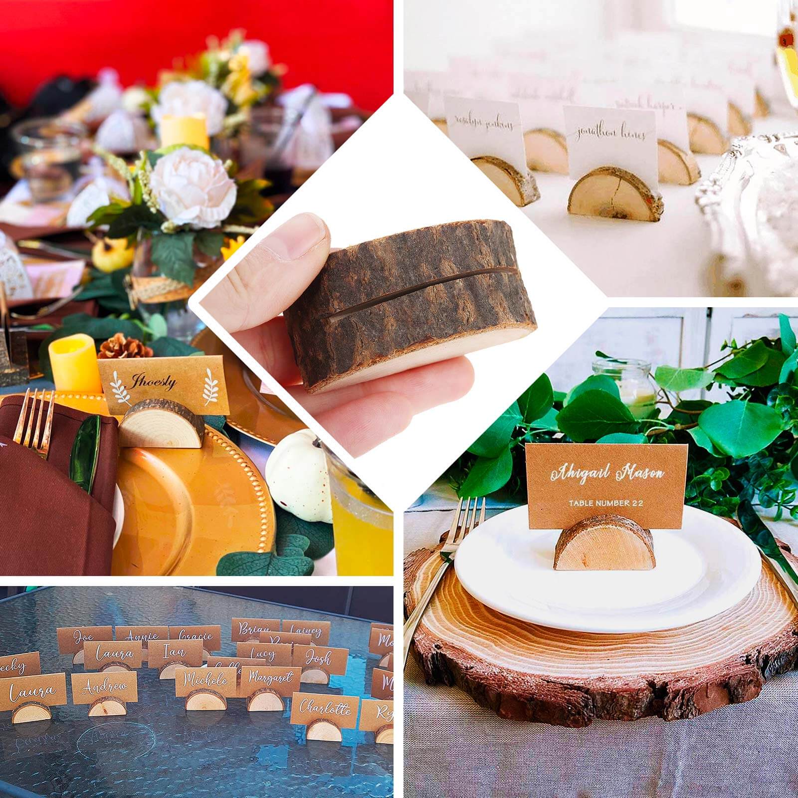 Set of 10 Wood Place Card Holders Rustic Semicircle Design Natural with Brown Paper - Wedding Table Number Display 2.5"