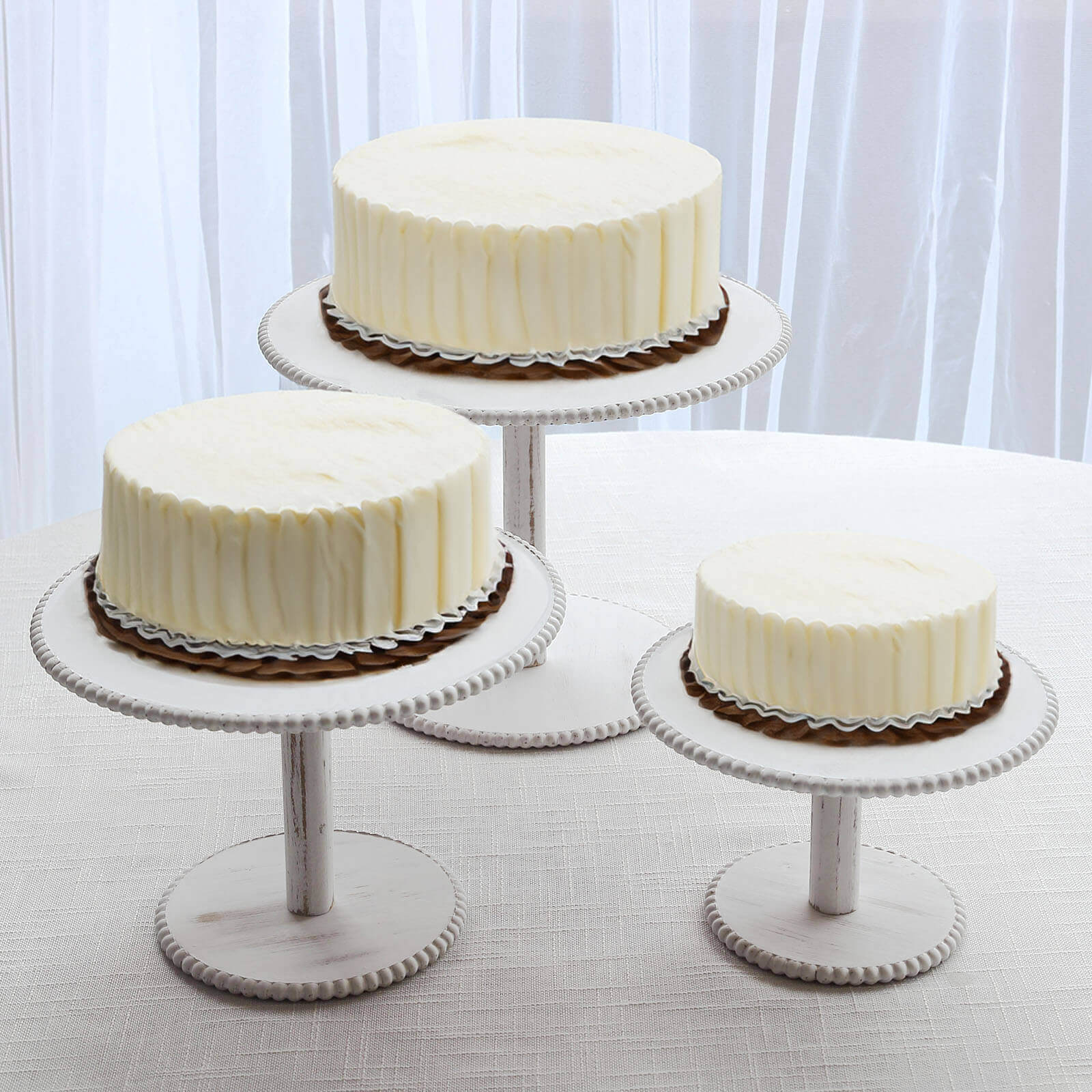 Set of 3 Wooden Pedestal Cake Stands Whitewash with Round Beaded Rim Trays - Stackable Rustic Cupcake Display 8", 10", 12"