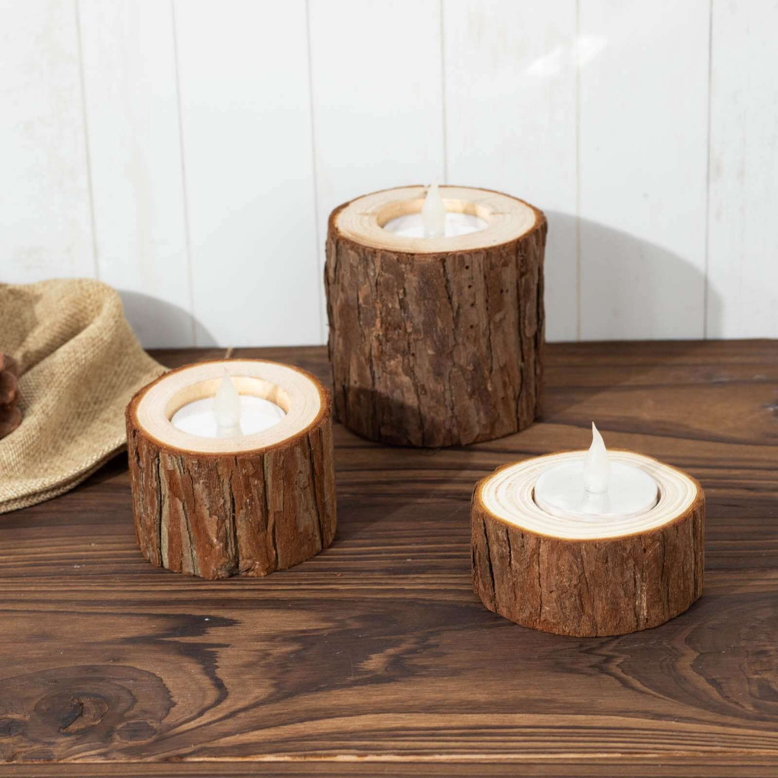 Set of 3 Rustic Wood Slice Votive Candle Holders - Tree Branch Wedding Table Décor 2.75", 1.5", 1.25"